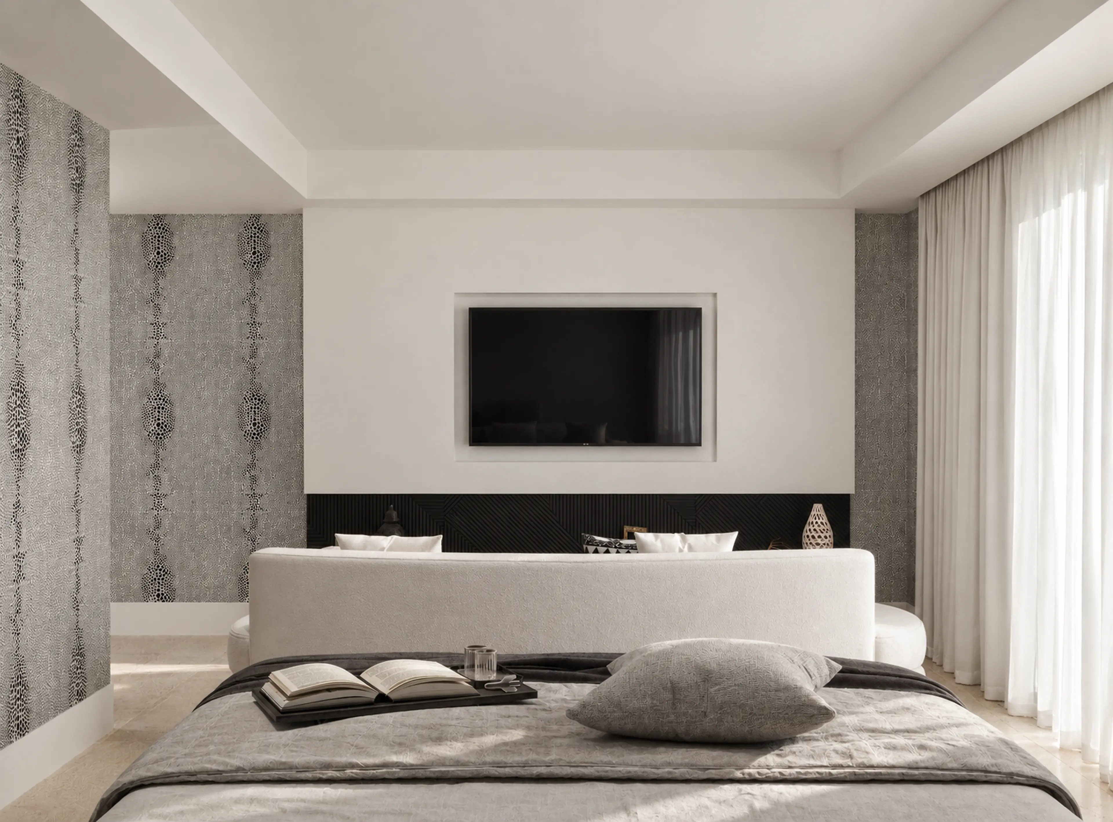 Photographic primary bedroom facing a white media wall and black fluted millwork.