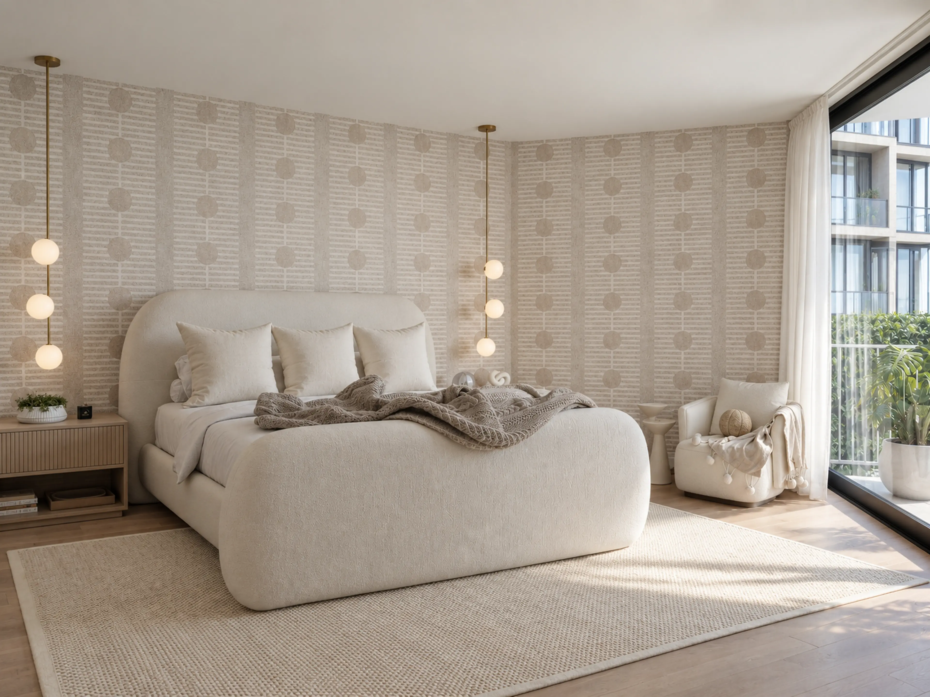Photographic rounded ivory bed against pale patterned wallcovering.
