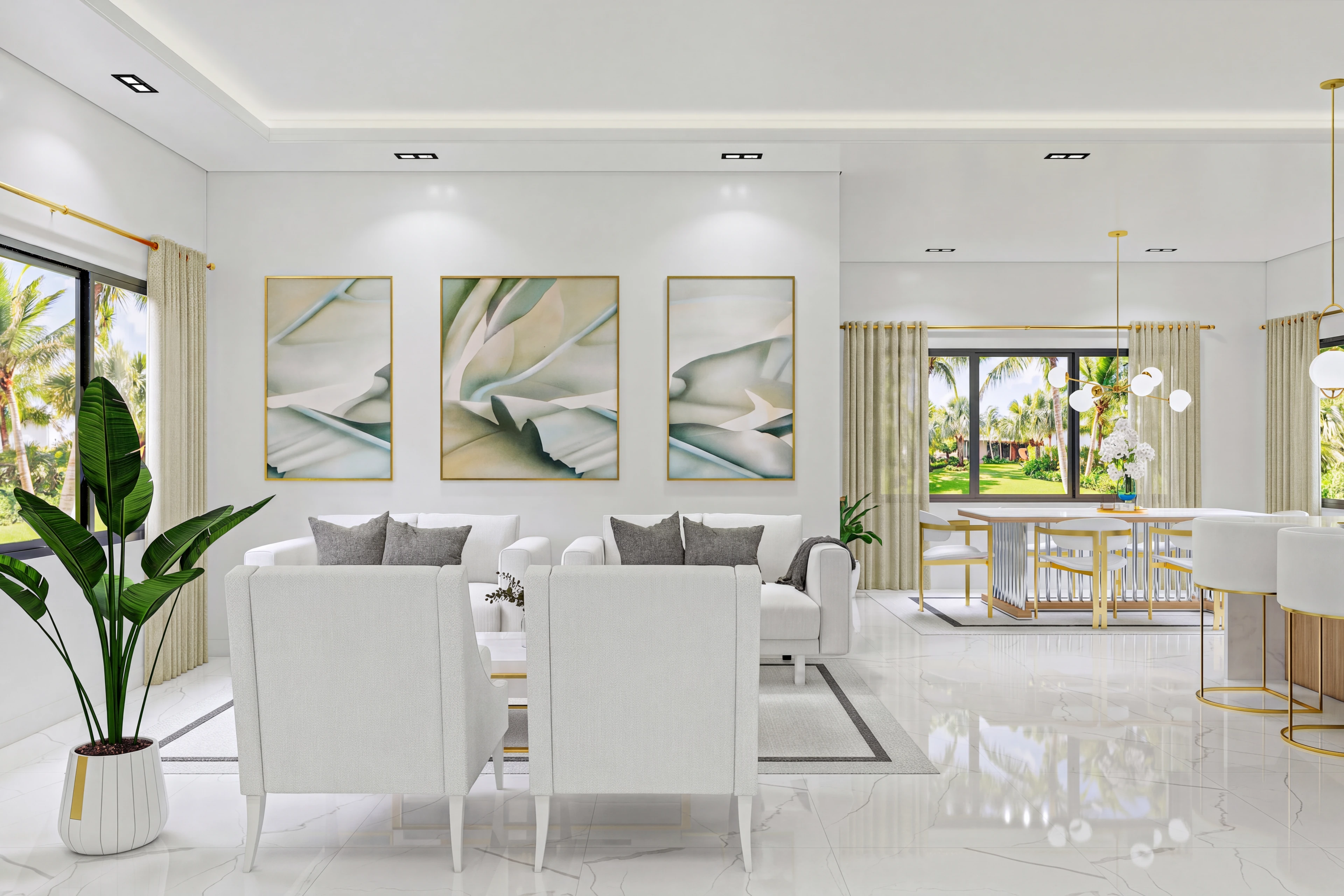 White seating area with framed artwork and gold-toned accents.