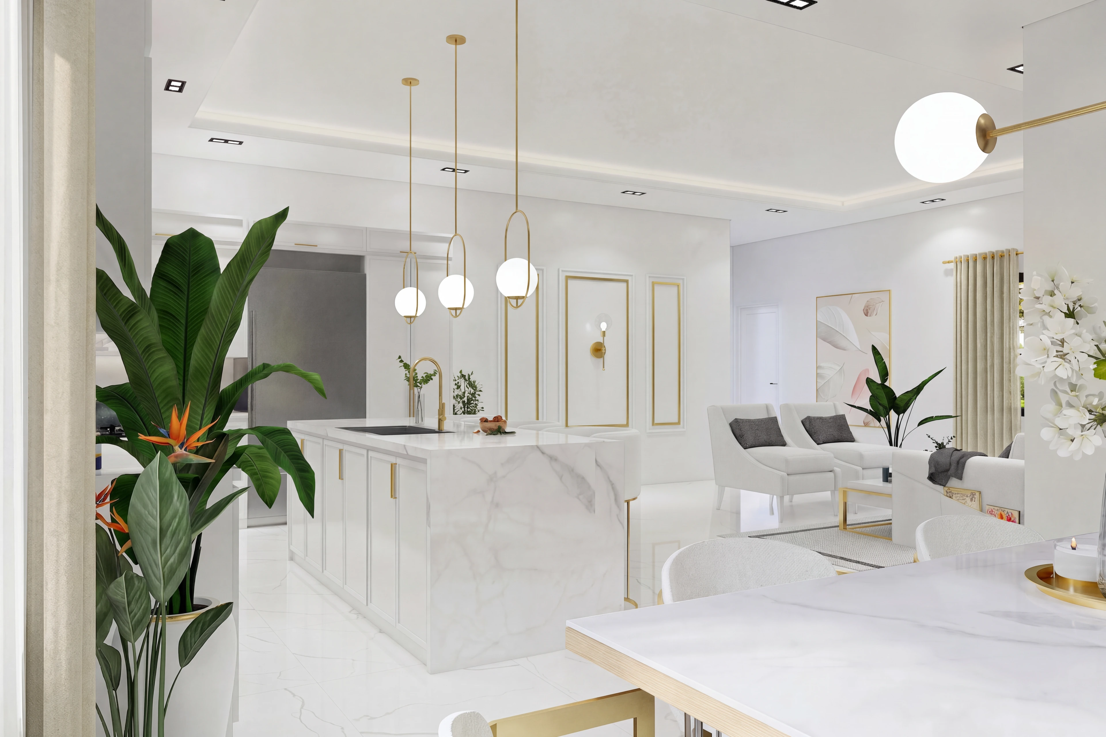 White kitchen island beside the open living room.