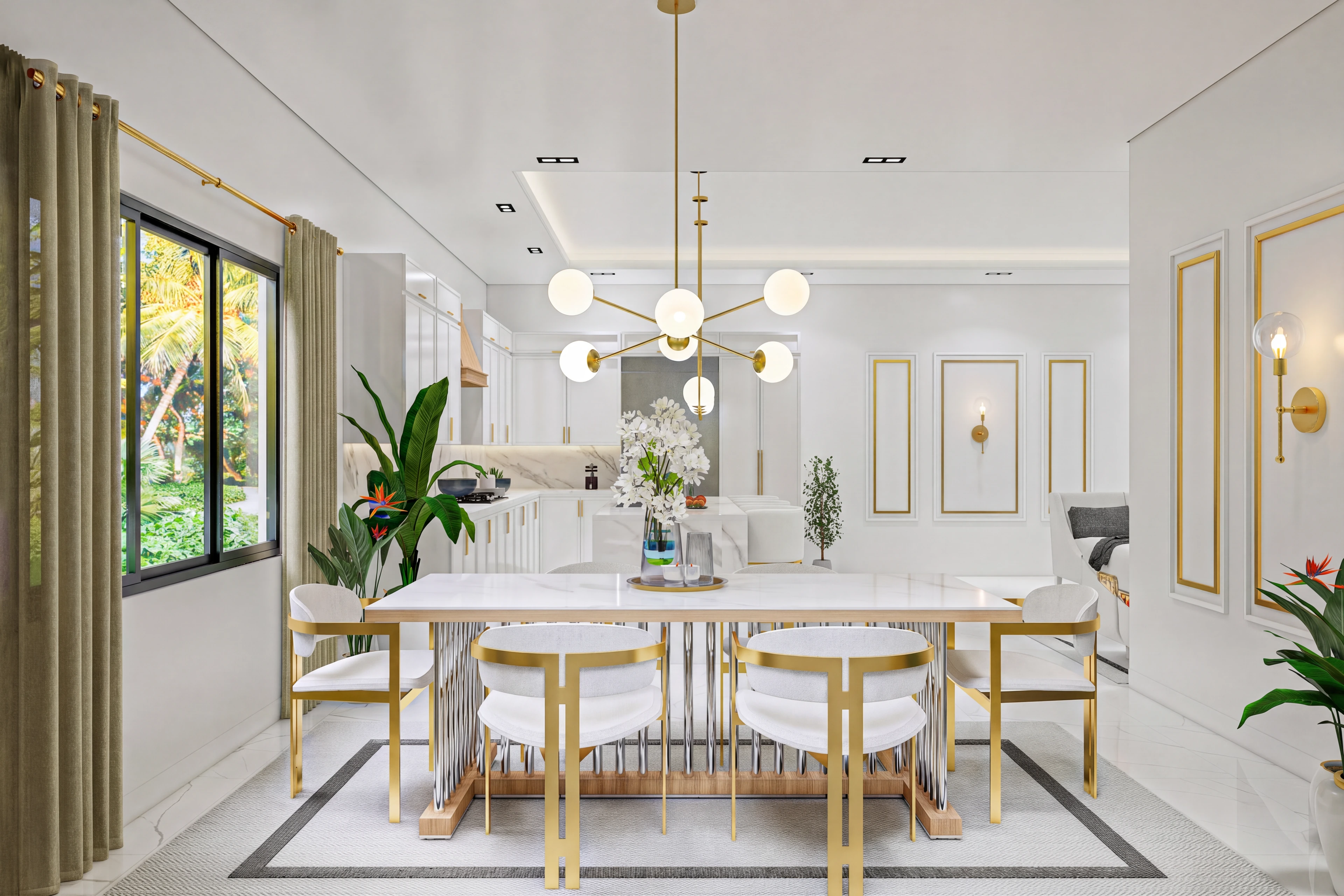 Dining table beside broad windows and pale wall paneling.