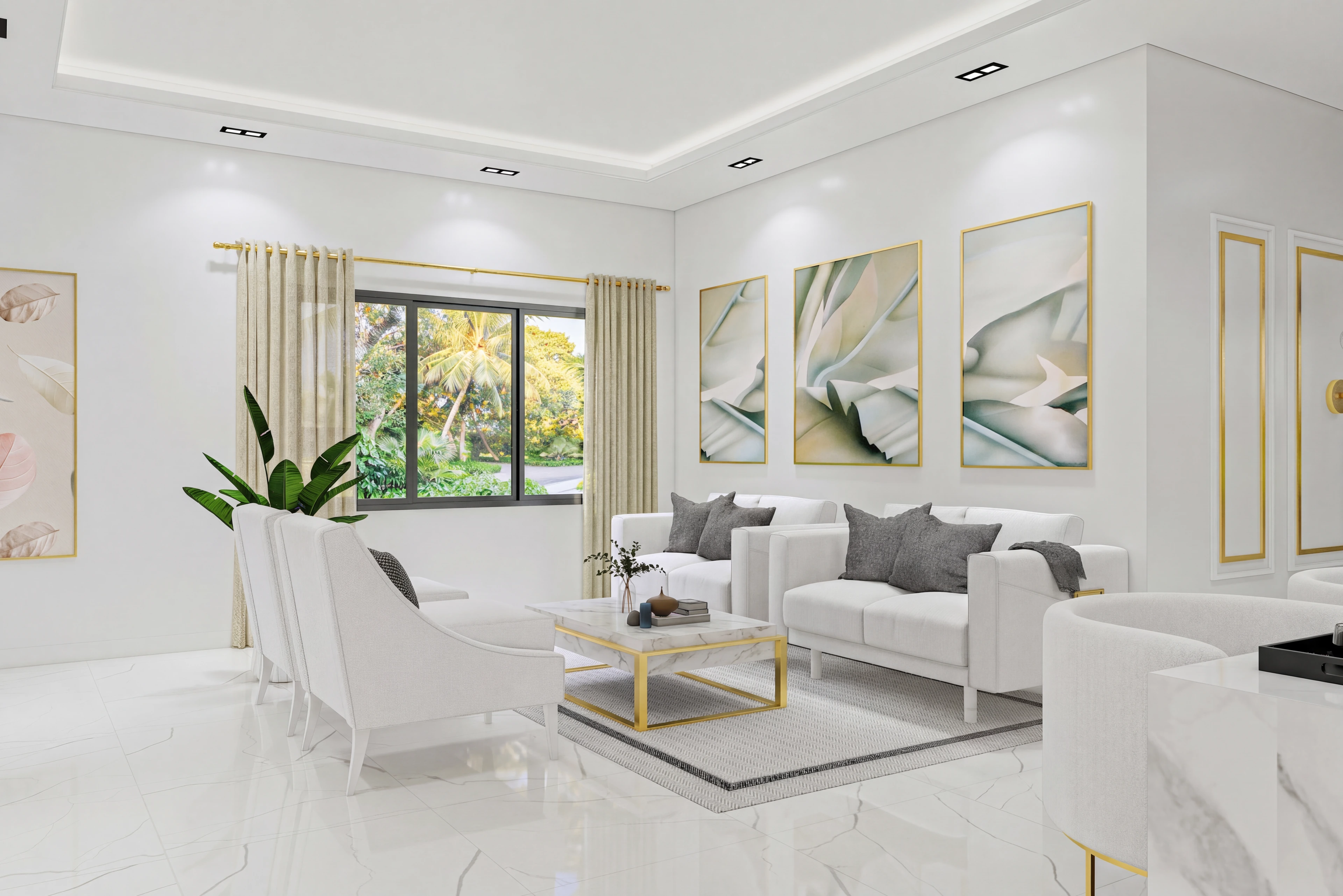 Living room with a glass coffee table and neutral sofa.