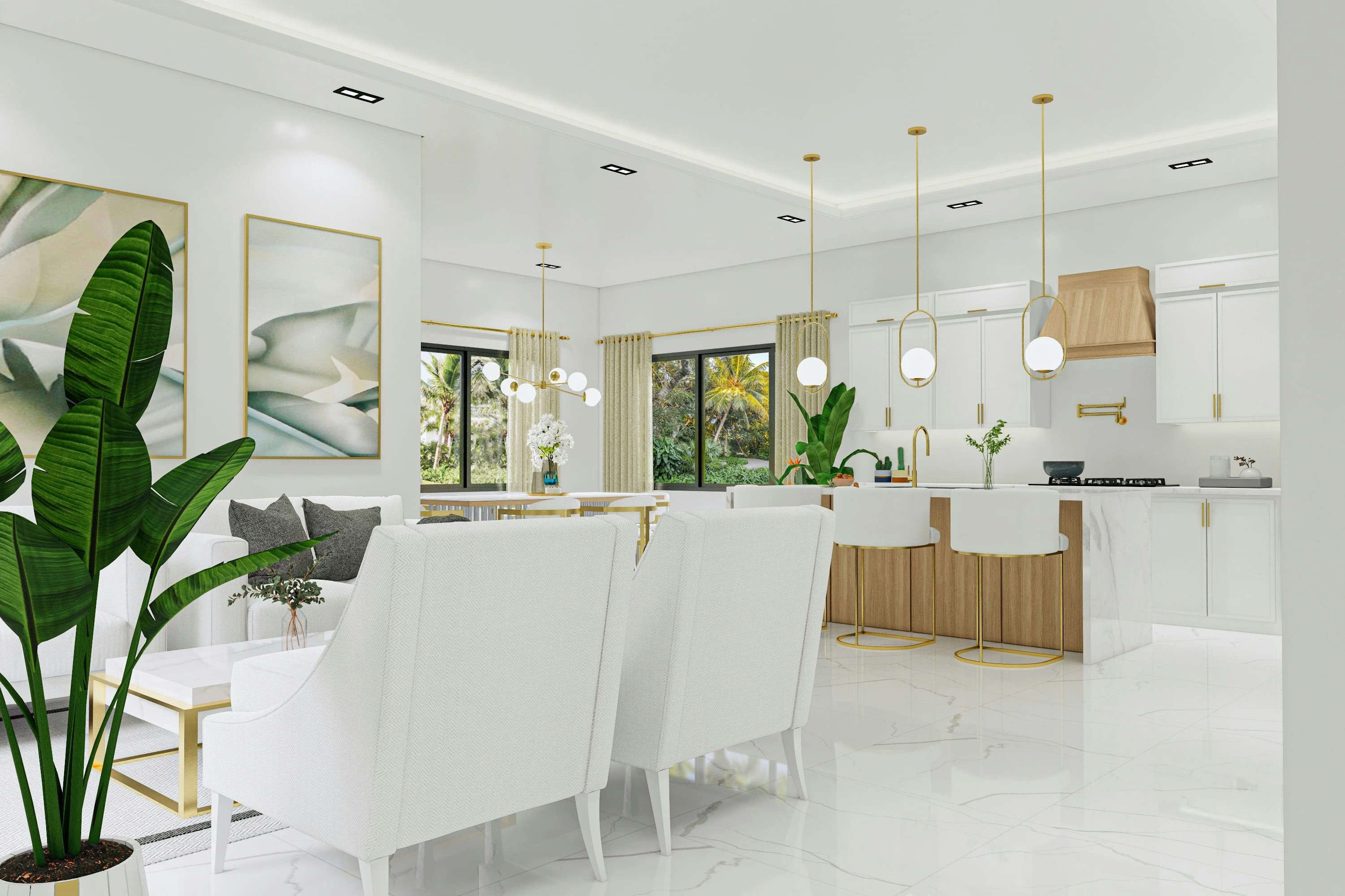 RENOVA project rendering: dining chairs looking toward the kitchen island.
