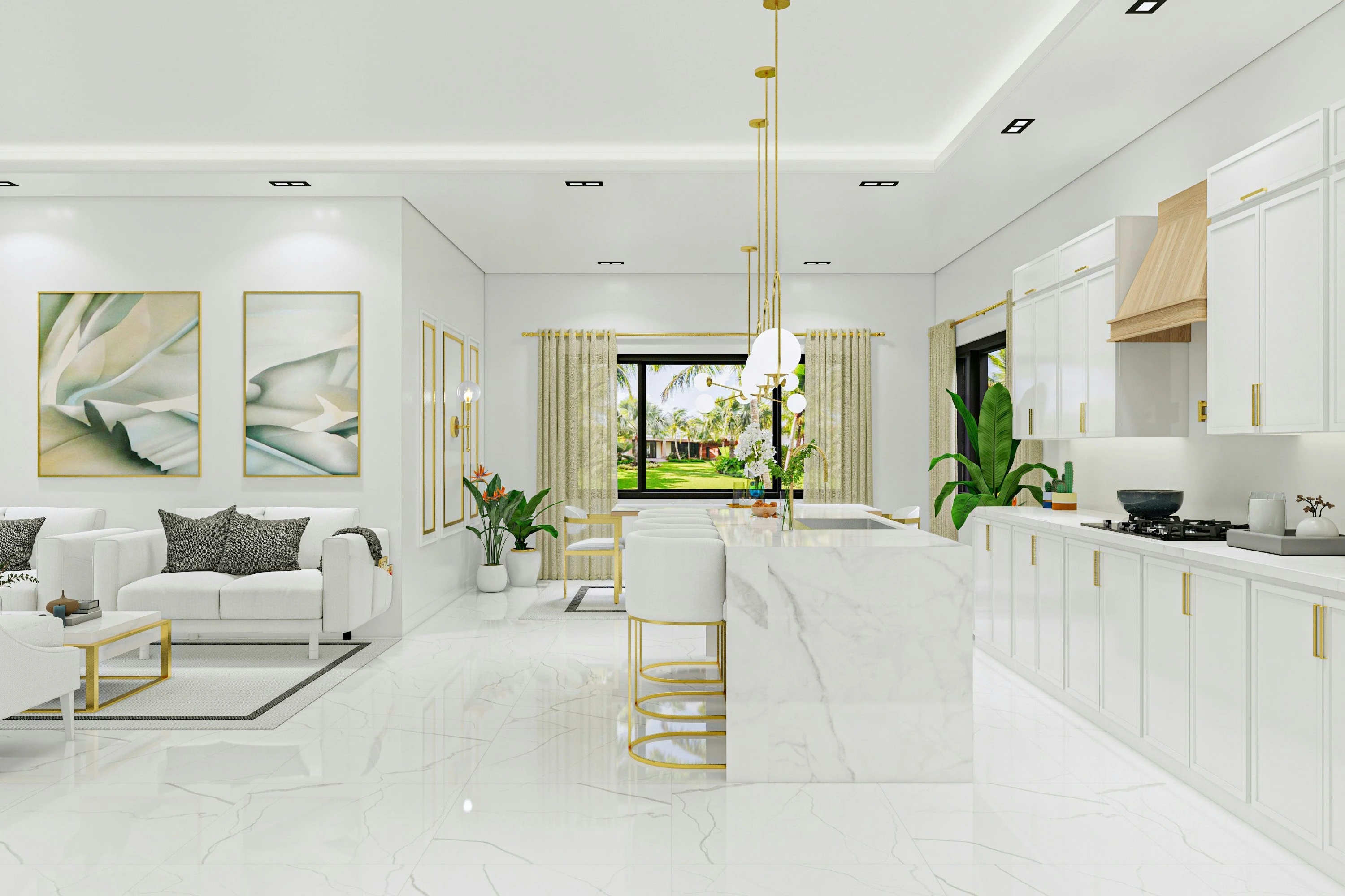 RENOVA project rendering: kitchen island and dining room with garden views.