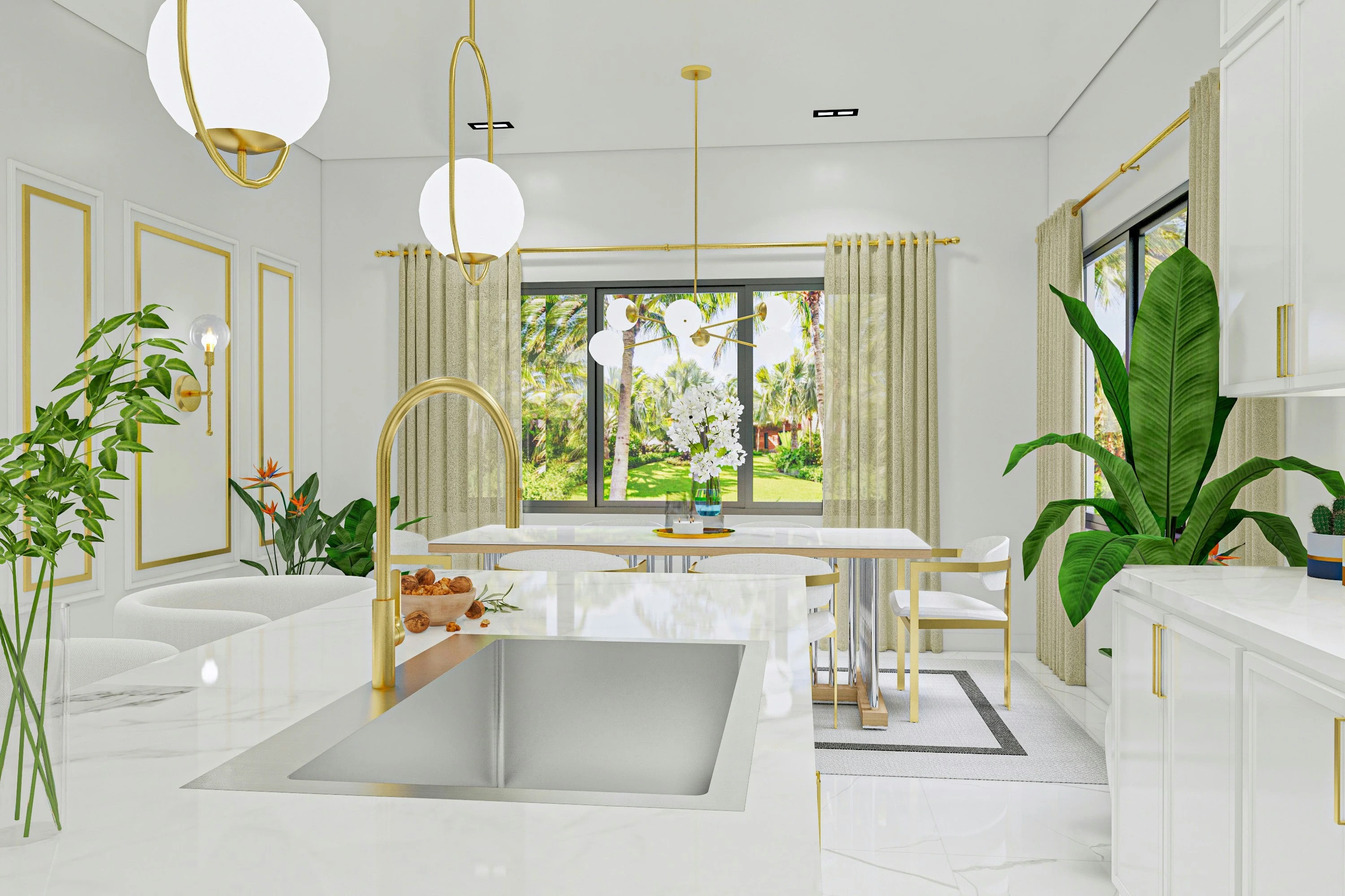 RENOVA project rendering: sink and brass faucet looking toward the dining room.