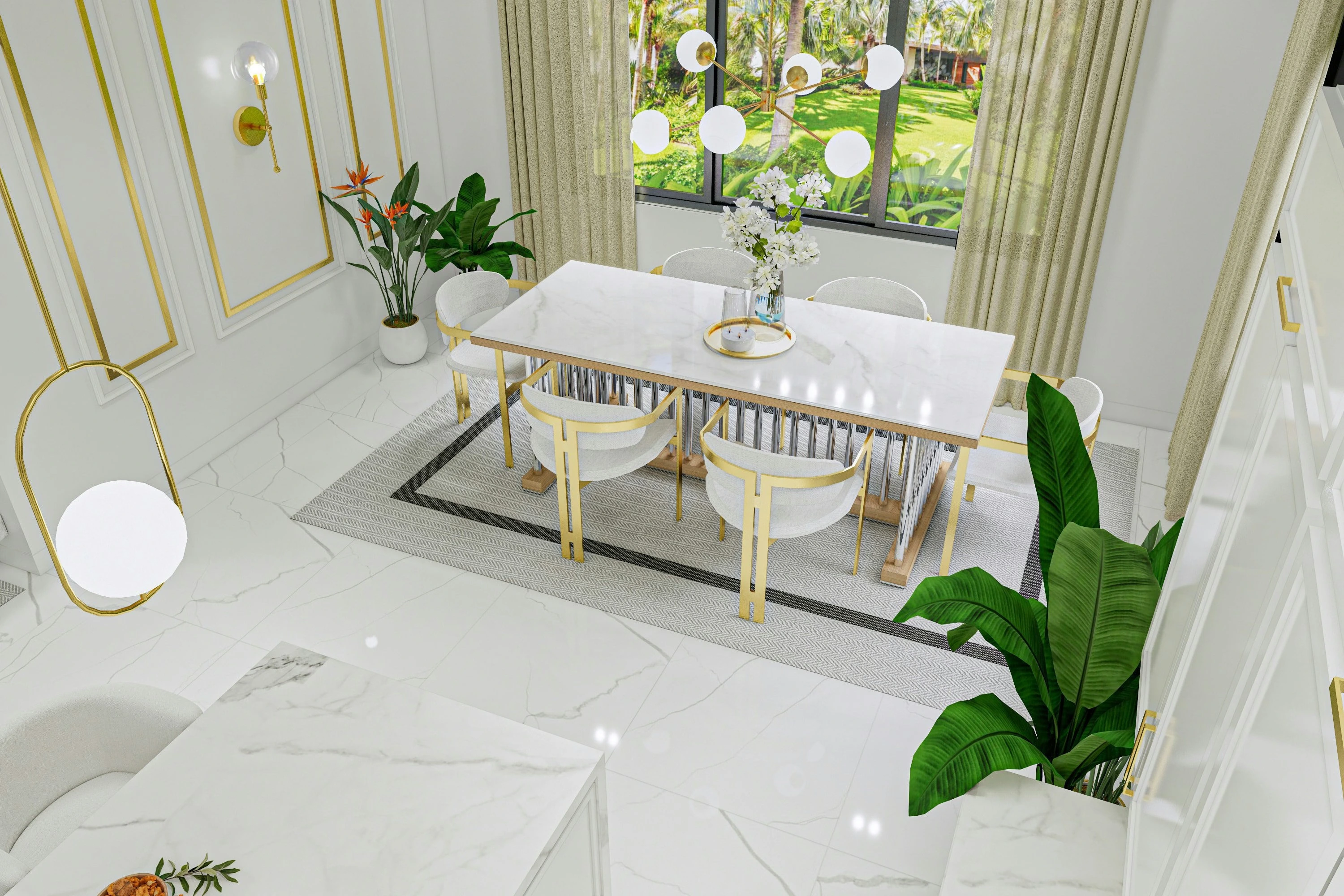 RENOVA project rendering: overhead view of the dining table and pendant lights.