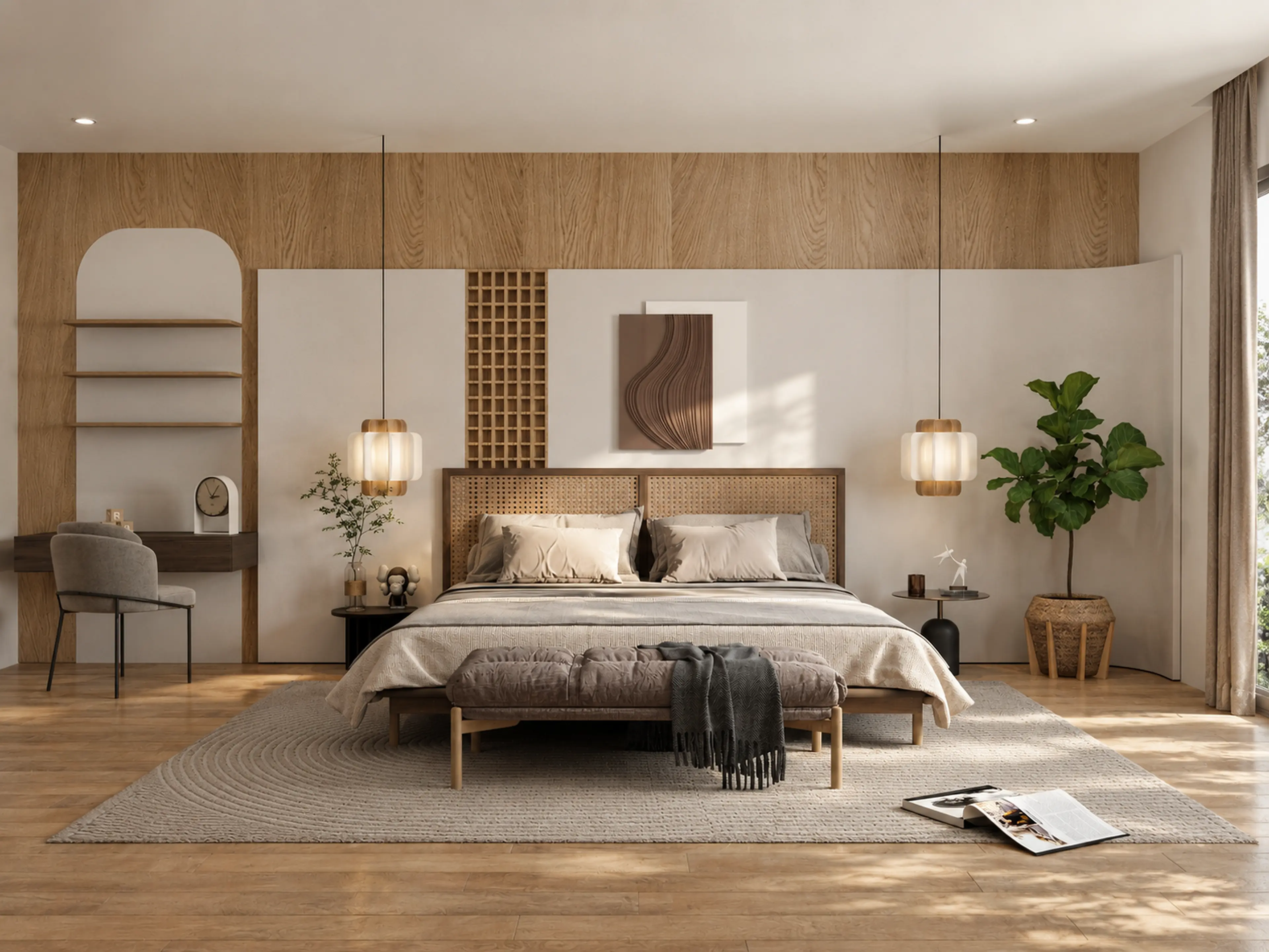 Bedroom with a paneled feature wall and soft bedside lighting.