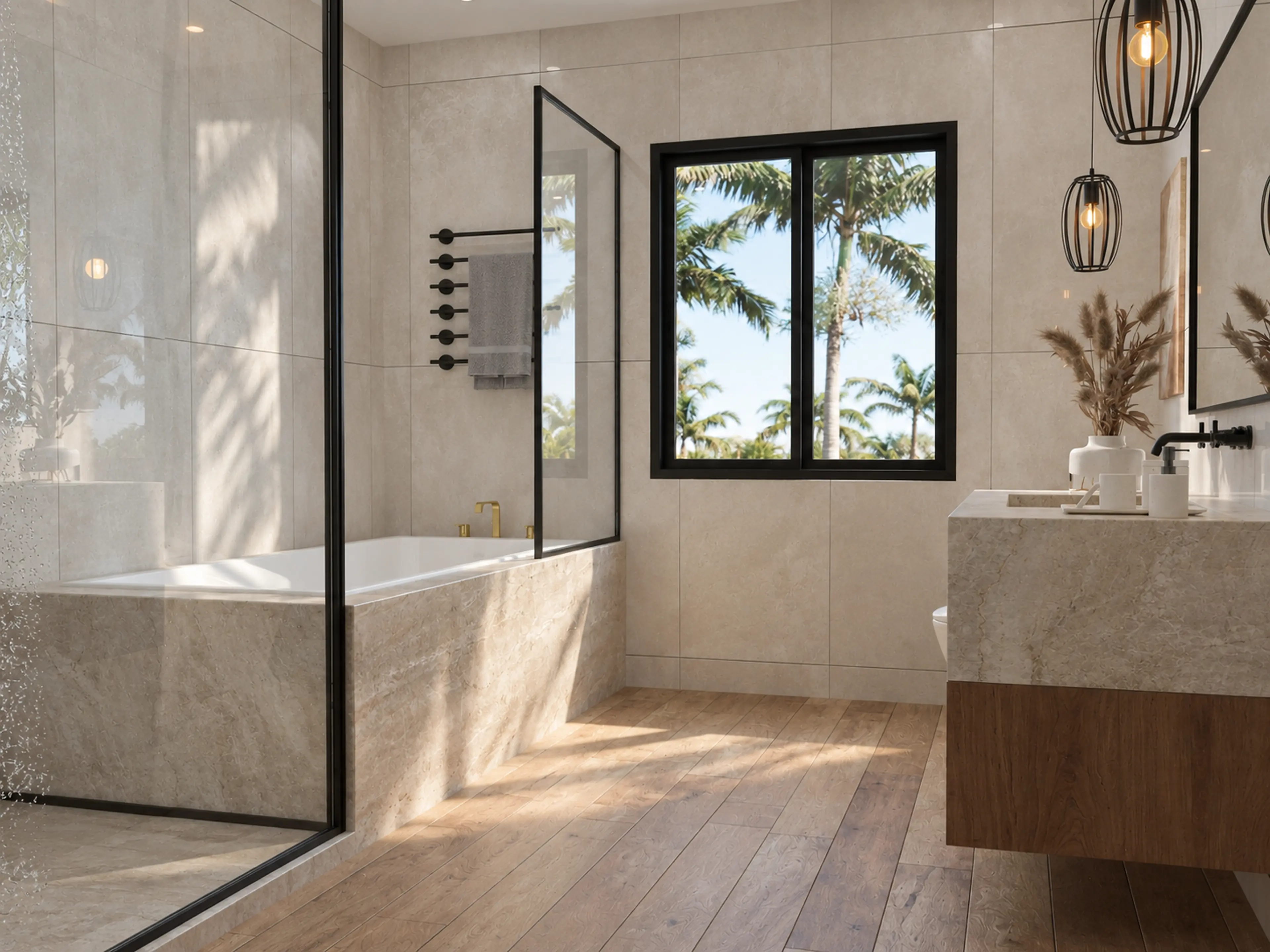Bathroom with a glass shower beside a wood-toned vanity.