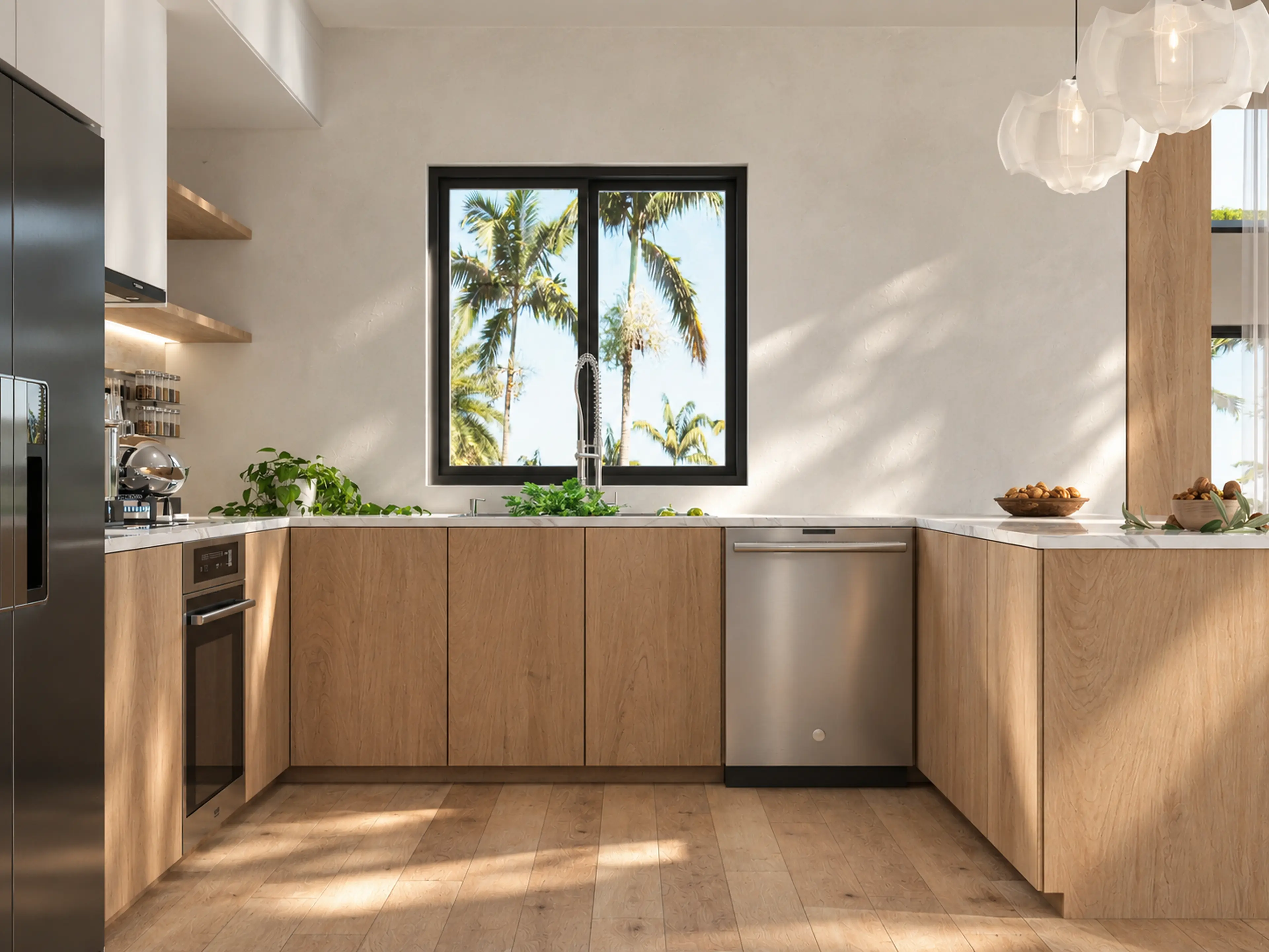 Kitchen work area with wood cabinetry and a garden-facing window.