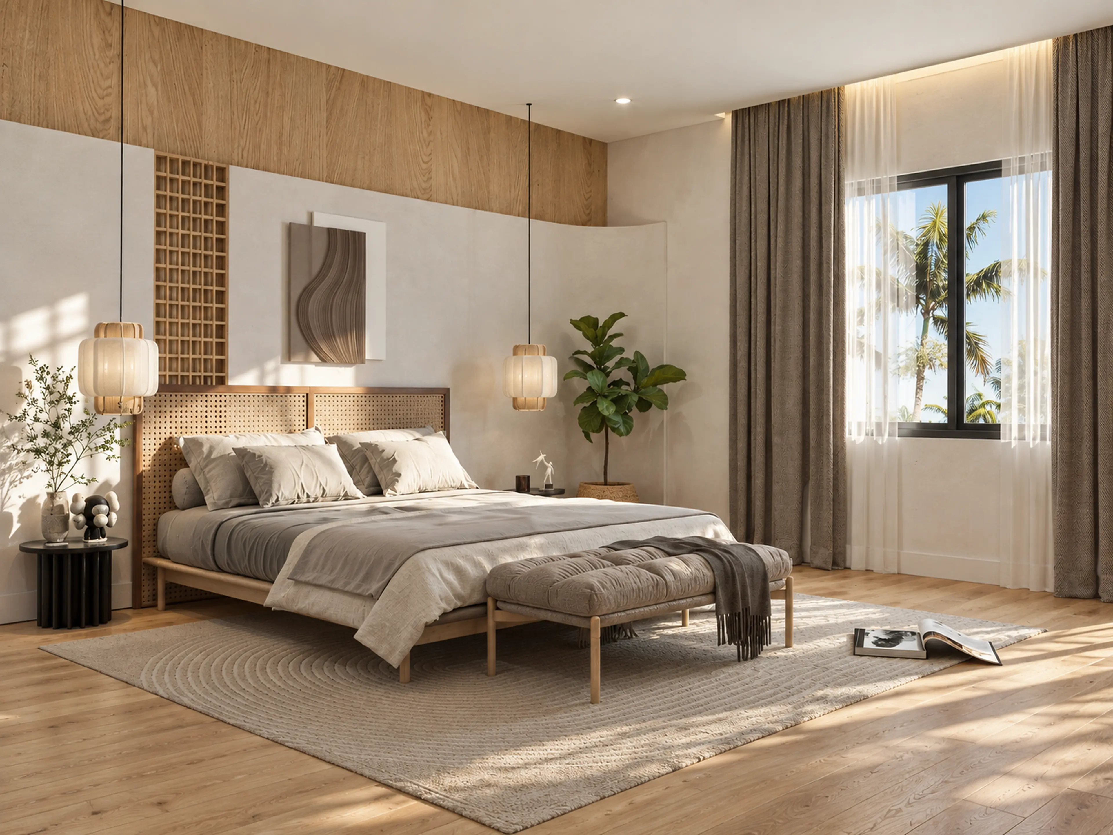 Photographic angled bedroom view with layered lighting and wood finishes.