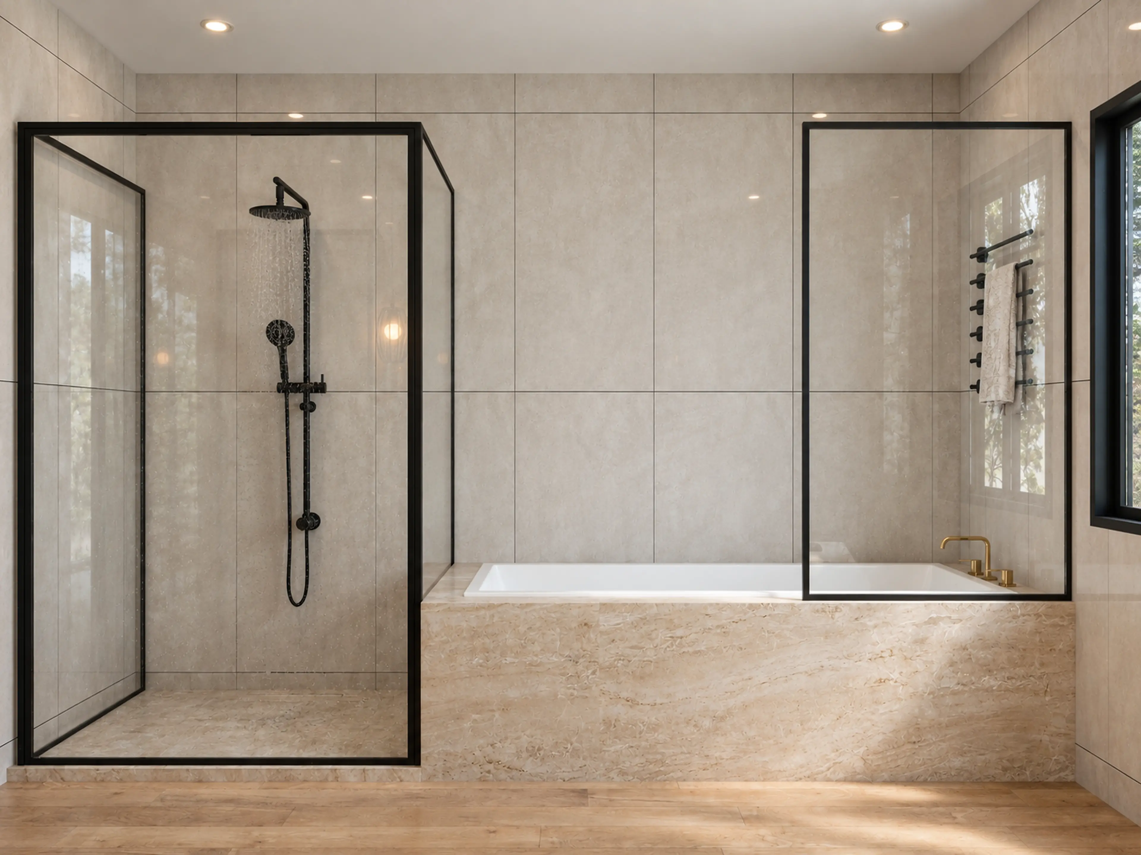 Photographic glass shower enclosure beside the stone-clad bathtub.