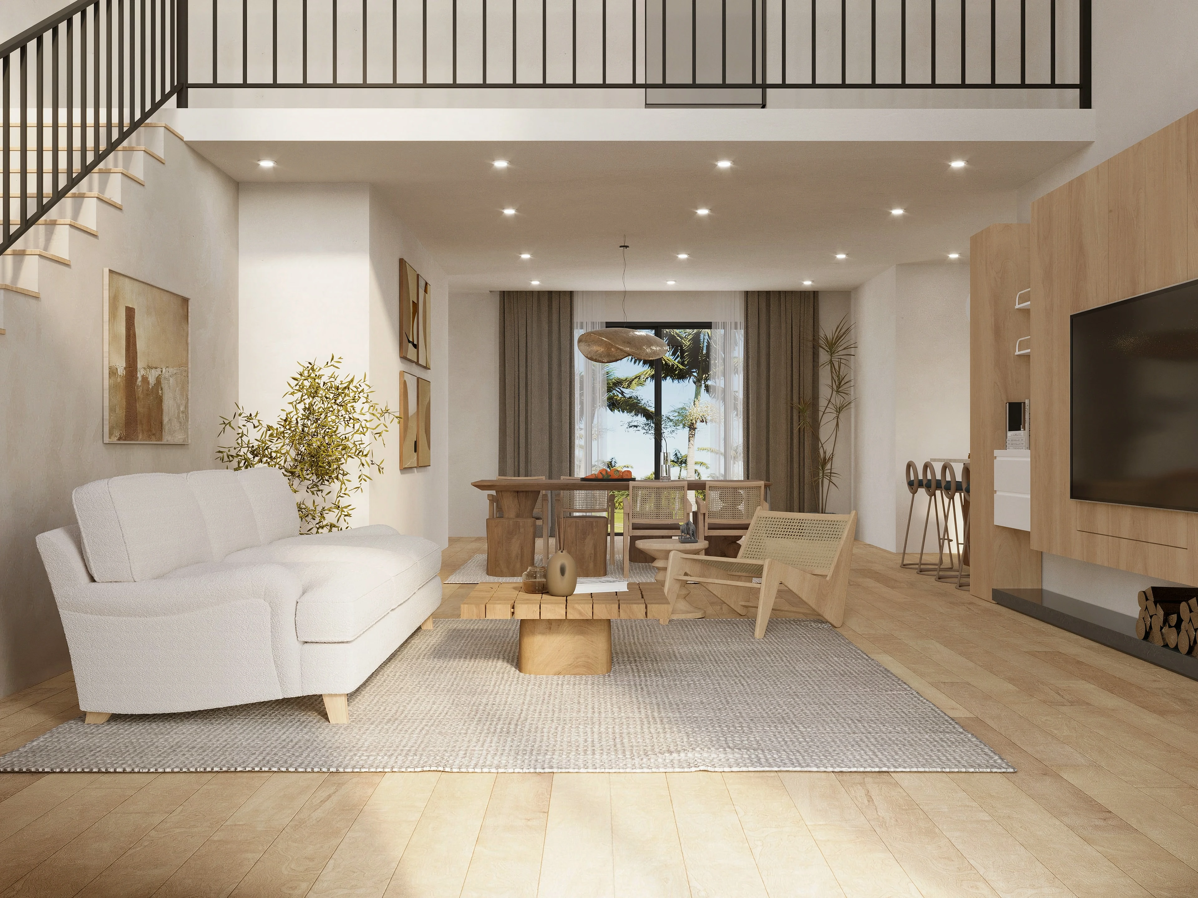 Double-height living room with a sofa and dining area beyond.