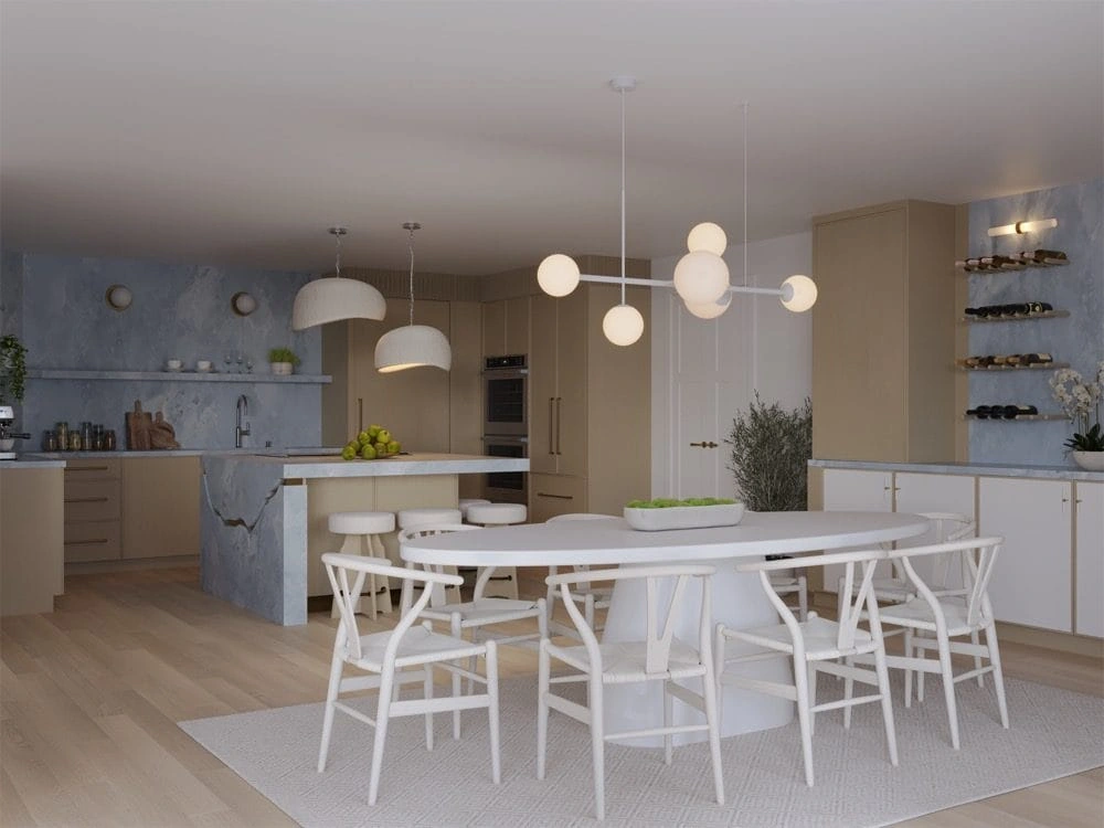Project rendering: dining area beside the kitchen island and blue stone backsplash.