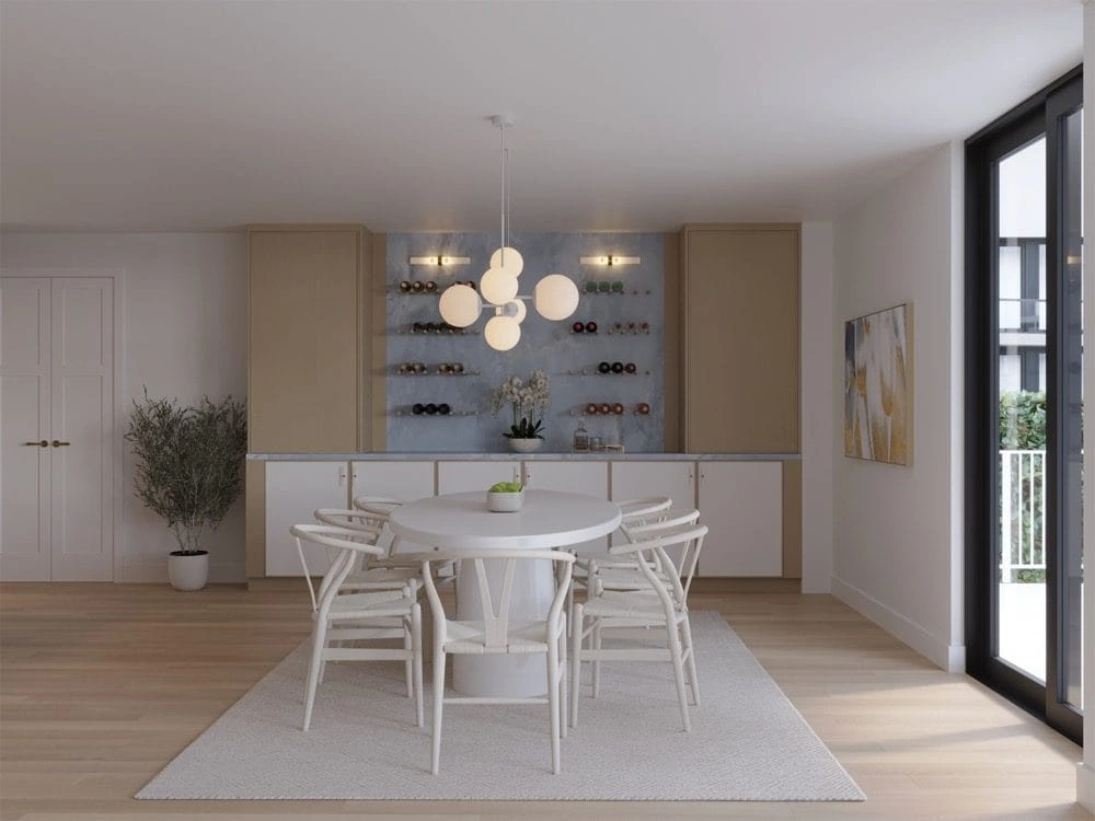Project rendering: dining table facing the built-in wine display and storage.