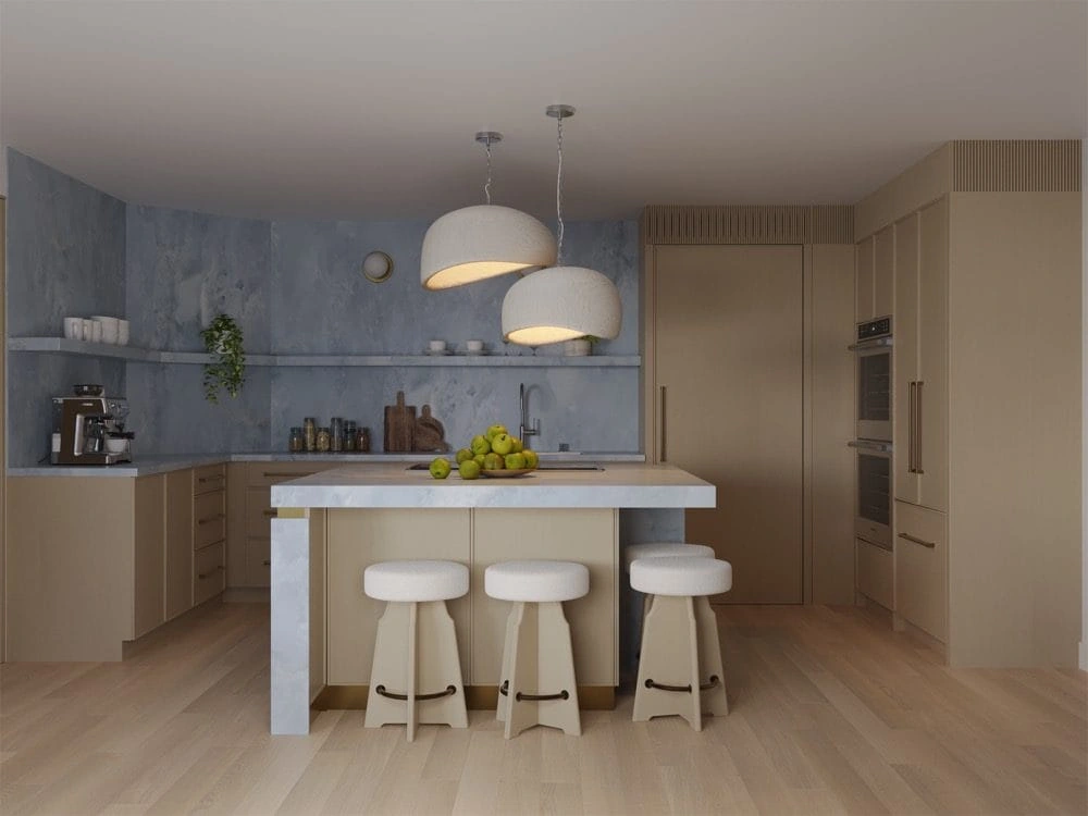 Project rendering: kitchen island with three stools beneath sculptural pendant lights.