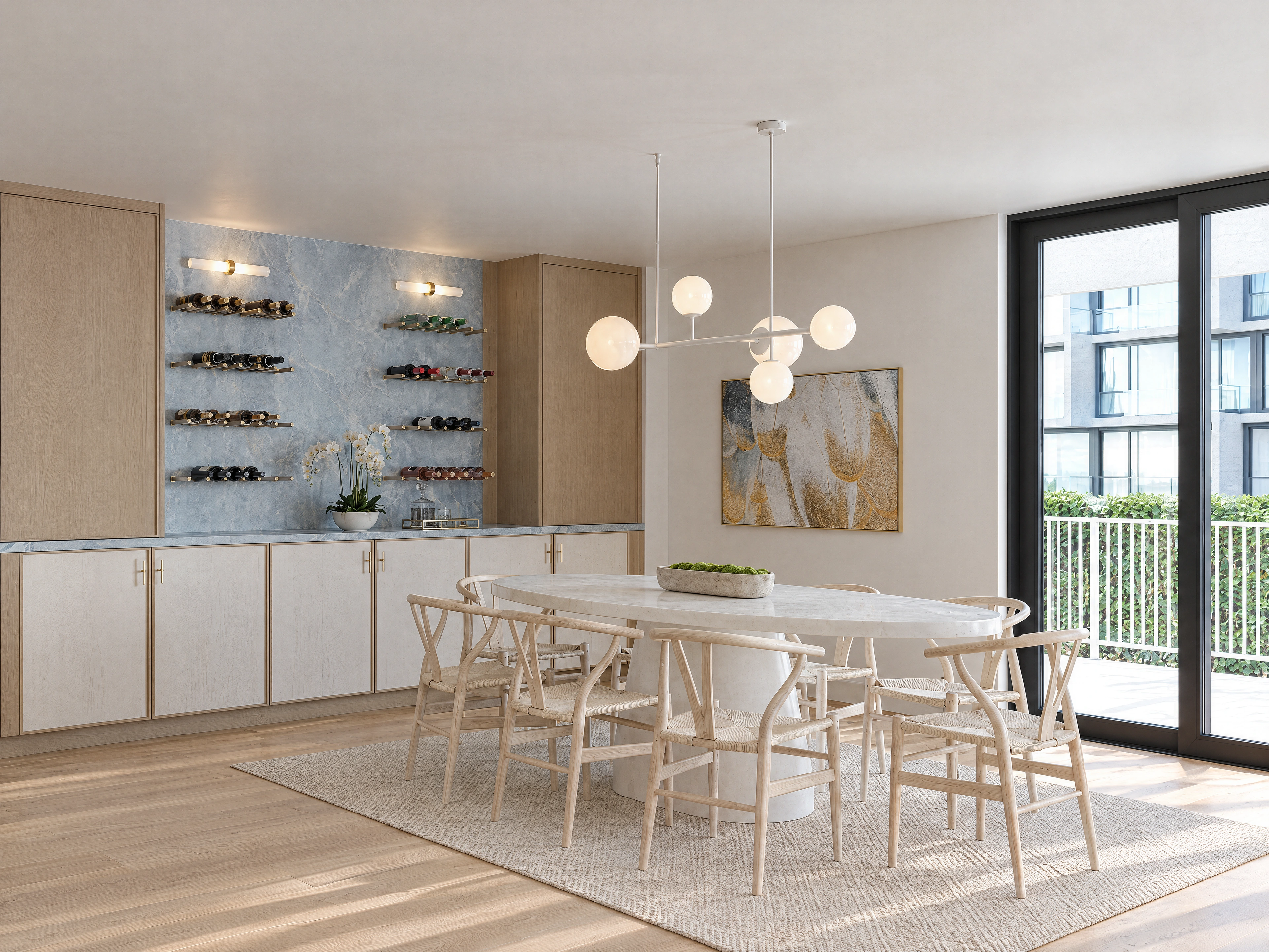 AI-enhanced project view — Dining area beside a built-in drinks cabinet.