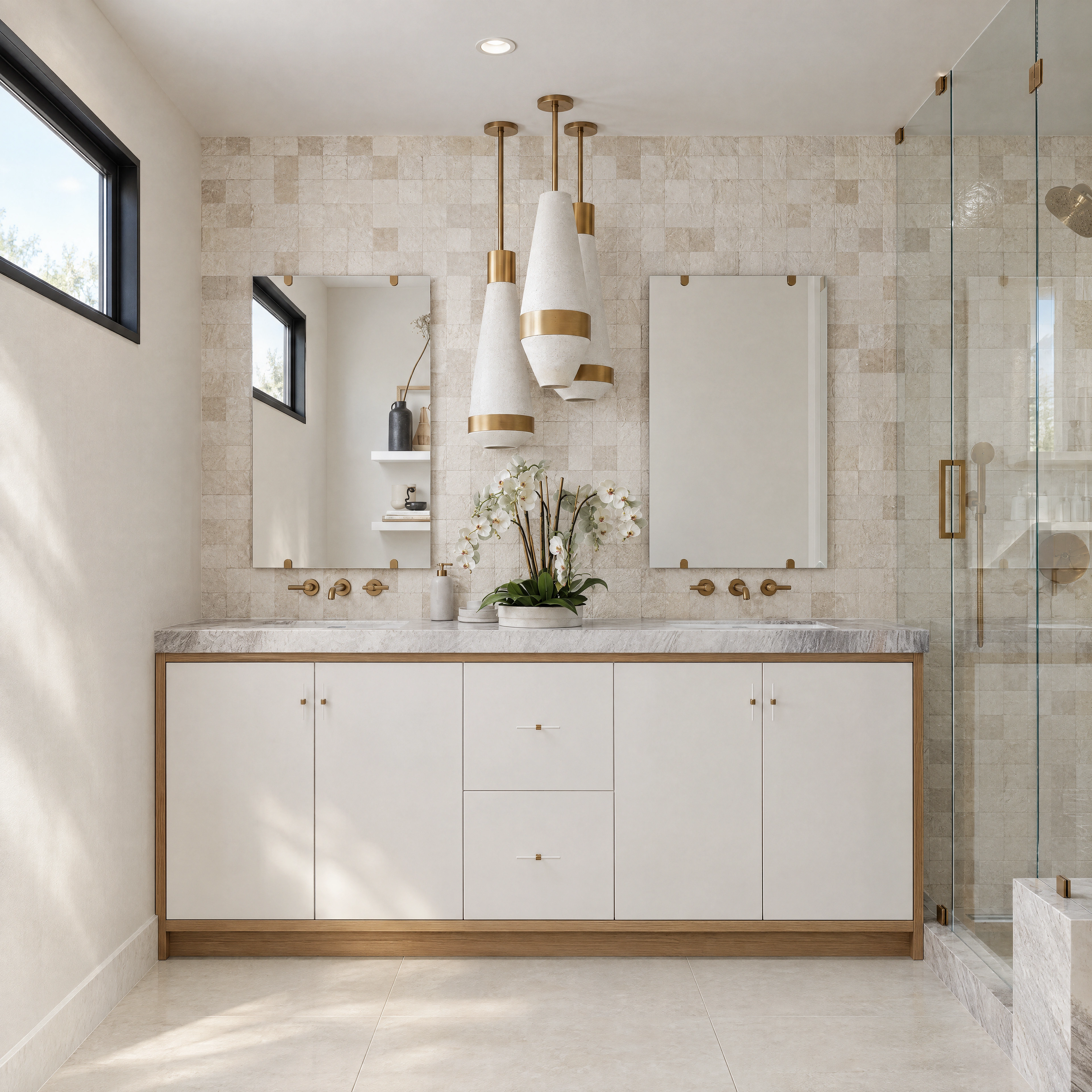 AI-enhanced project view — Bathroom vanity with pendant lights, pale tile and an orchid.