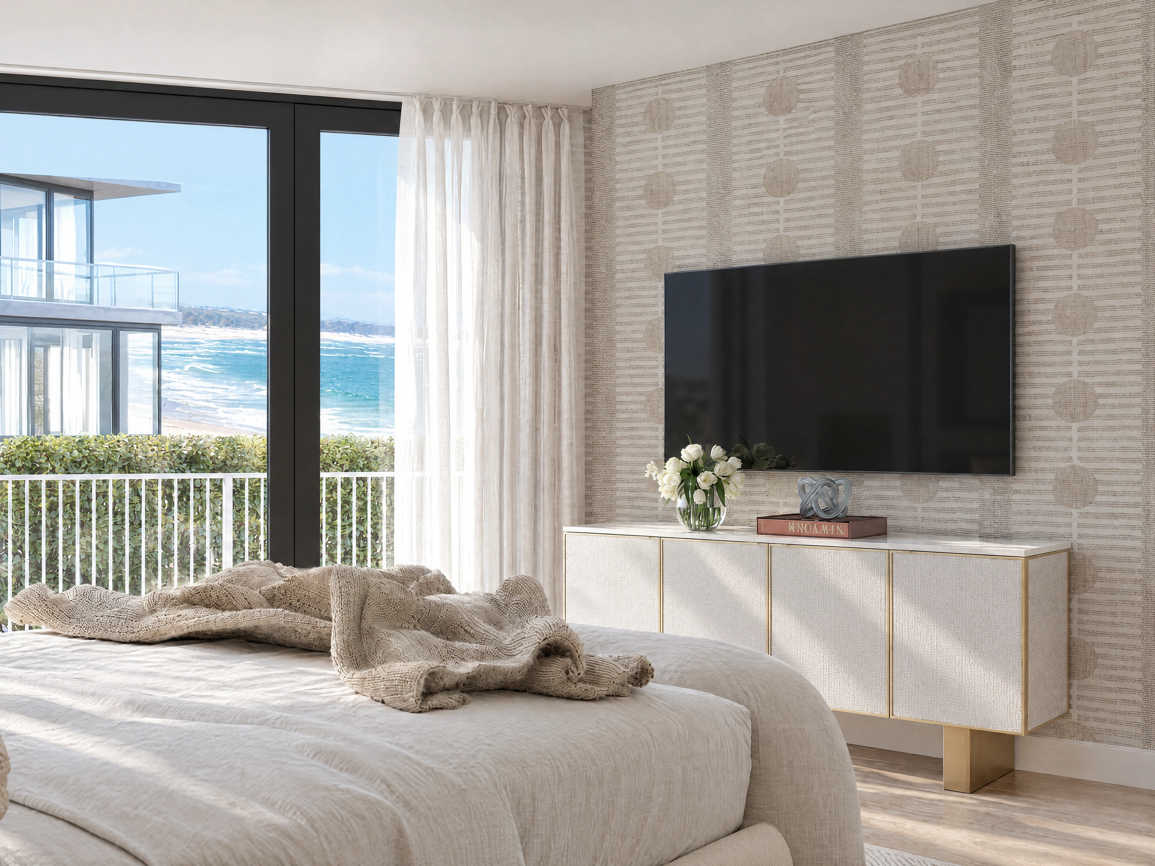 AI-enhanced project view — Bedroom view with patterned wall, soft textiles and balcony glazing.