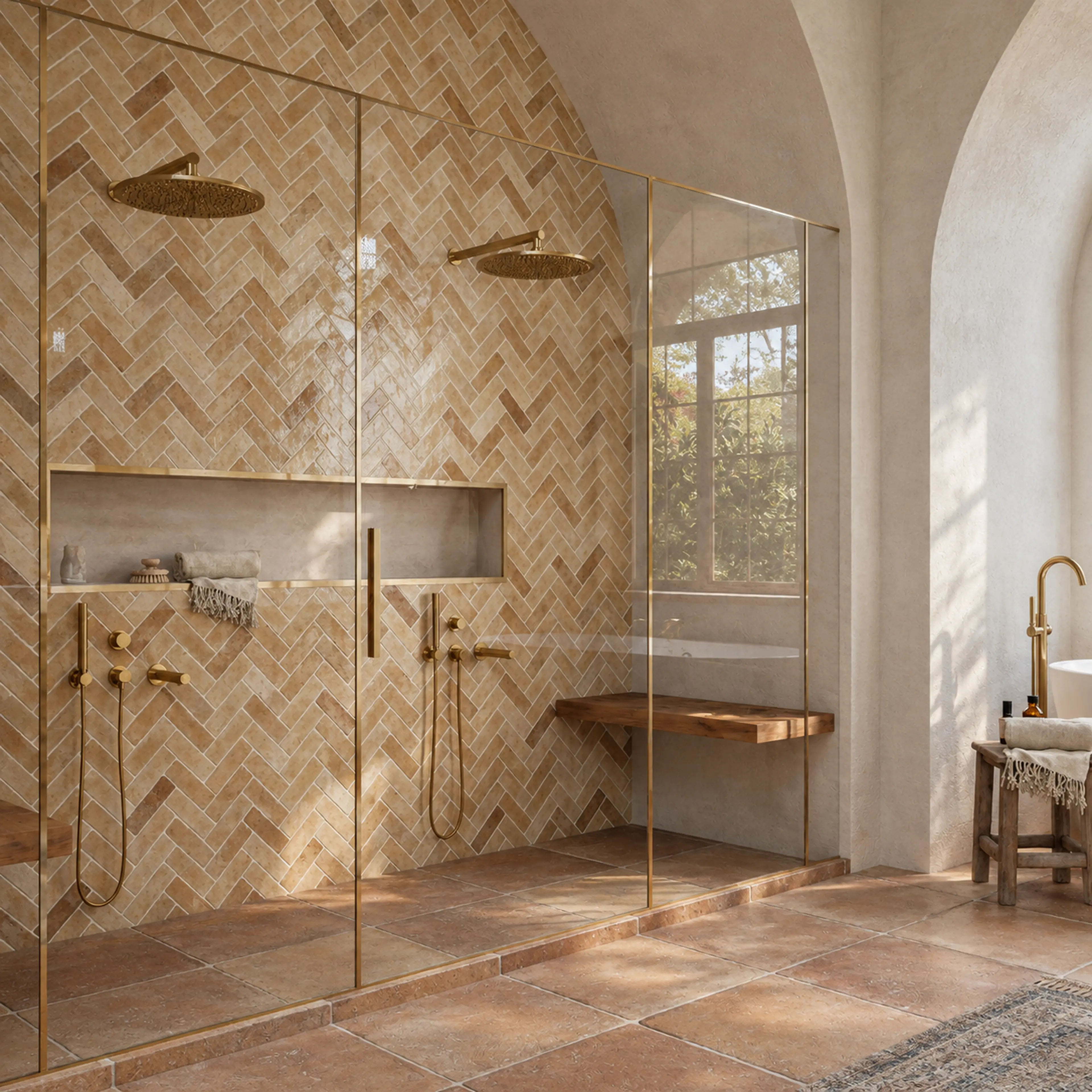 Frameless arched shower with dual brass rain heads and a built-in wood bench.