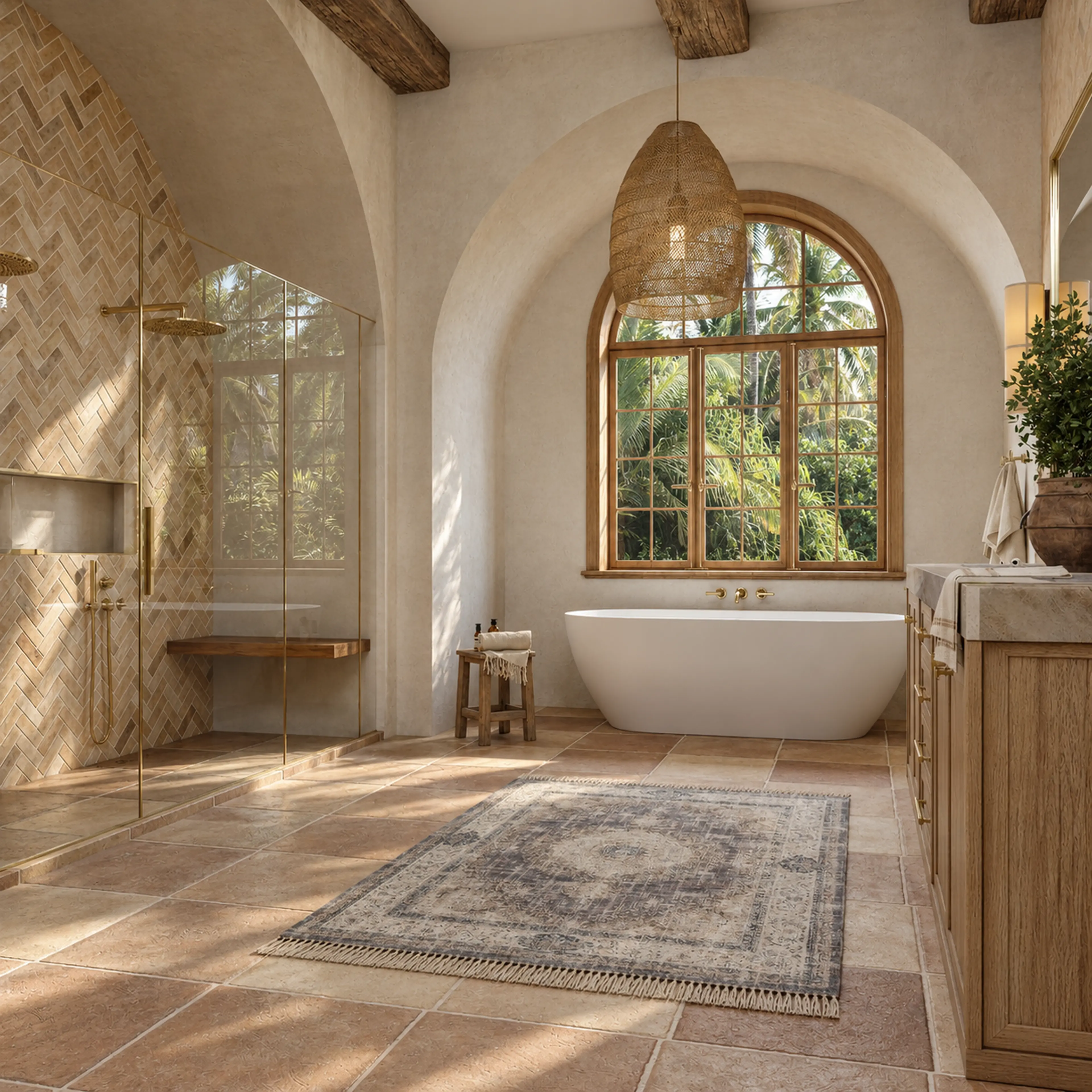 Full-room view linking the shower, freestanding tub and natural-oak vanity.