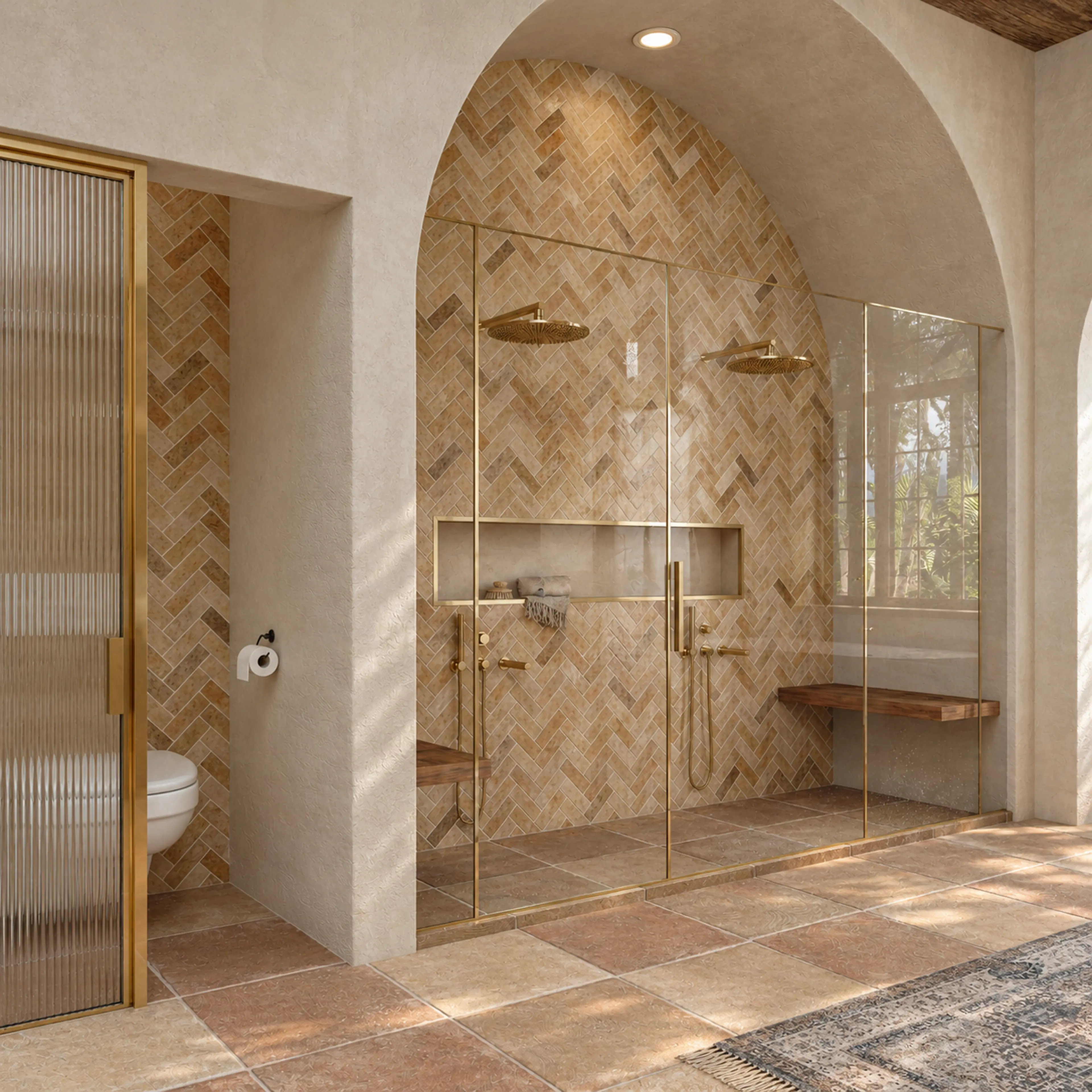 Arched shower opening with herringbone tile and a built-in bench.