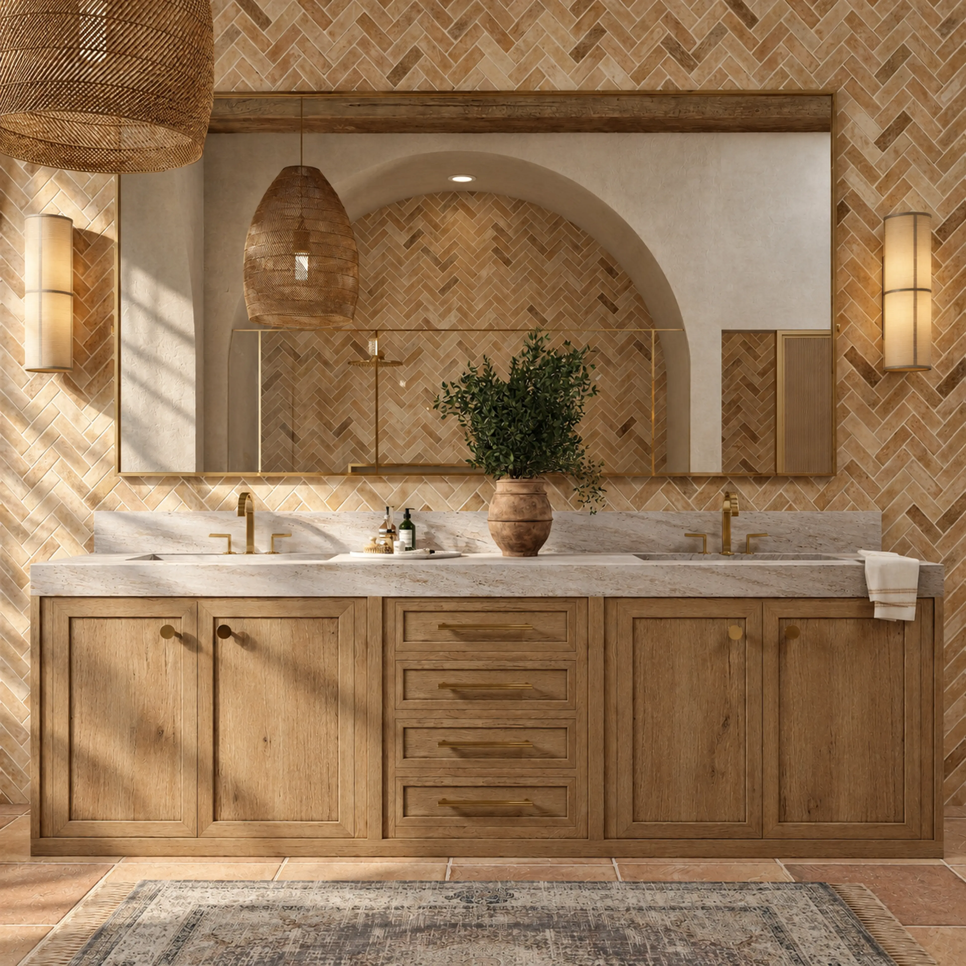 Wood vanity with a wide mirror, gold fixtures and a veined countertop.