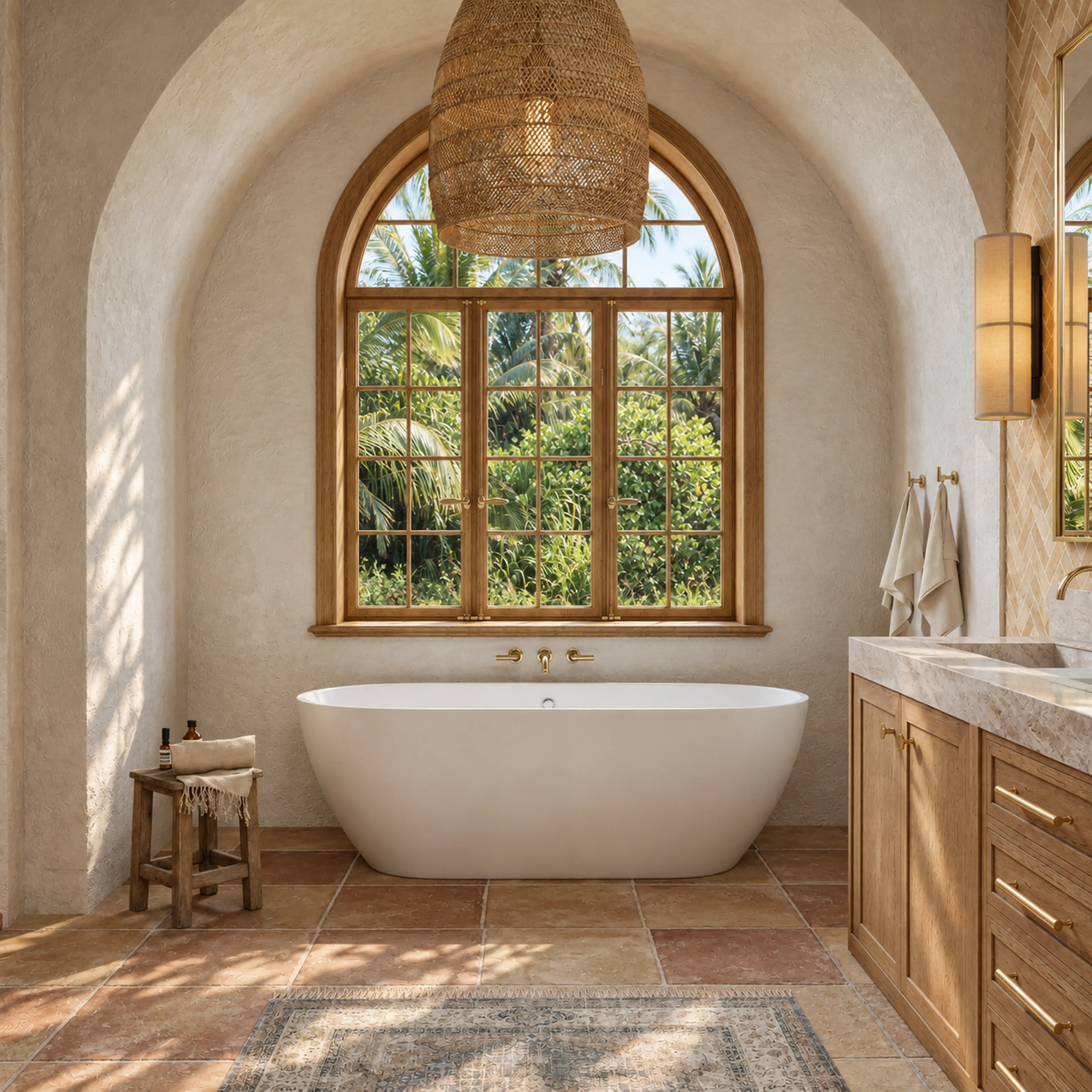 Freestanding tub centered below an arched window and woven pendant.