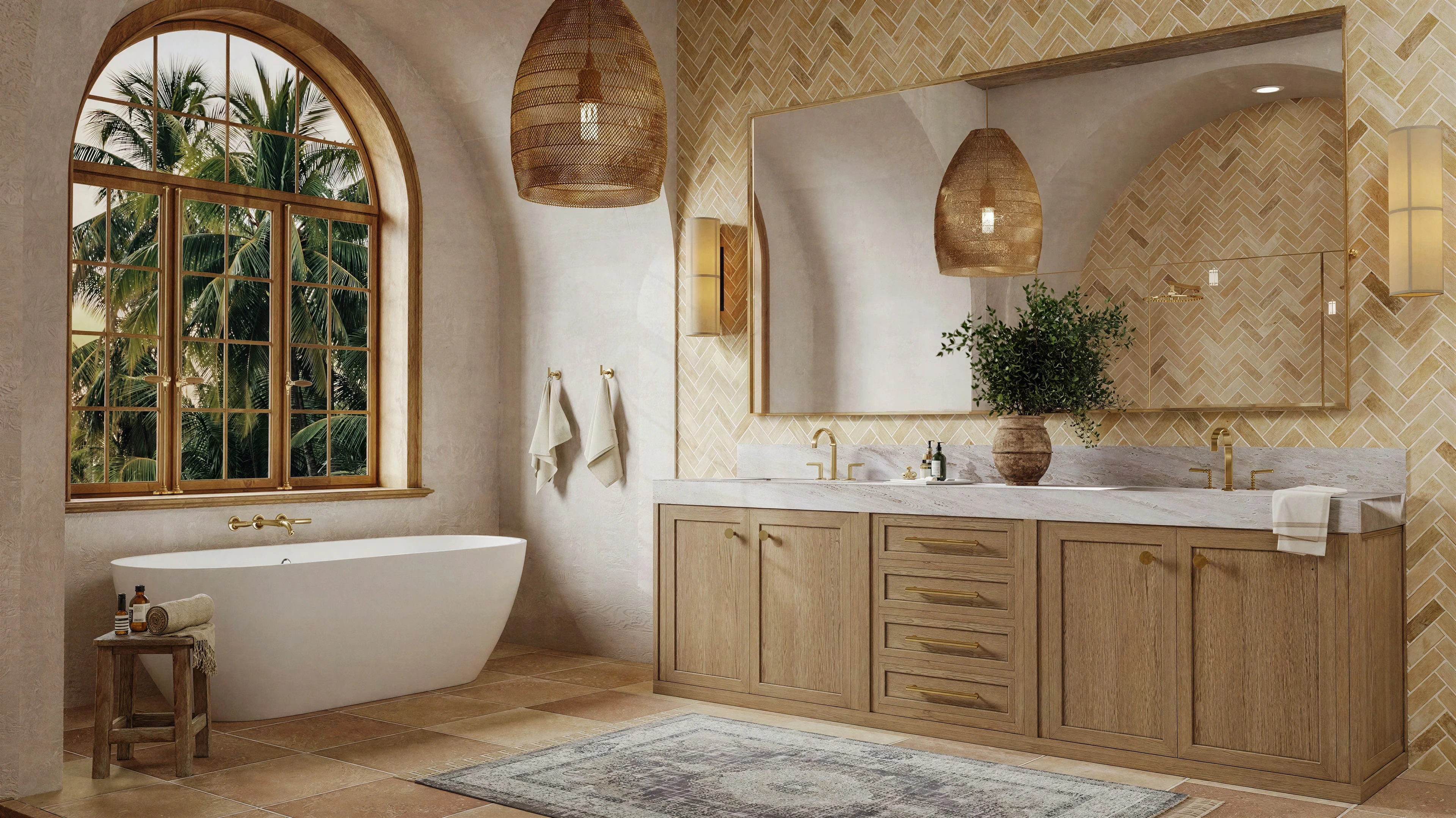 Wide bathroom view with a freestanding tub, arched window and wood vanity.