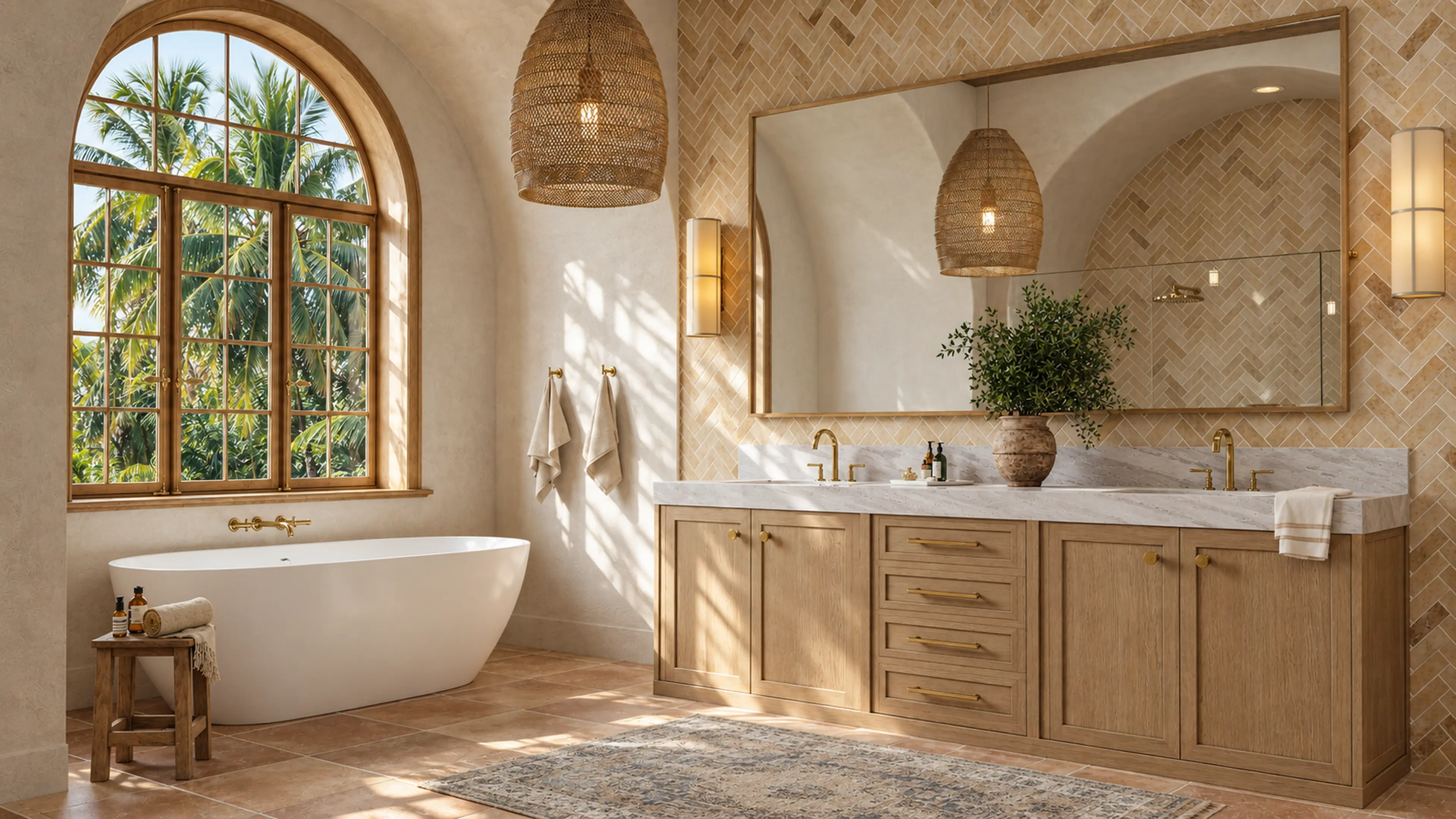Wide bathroom view with a freestanding tub, arched window and wood vanity.