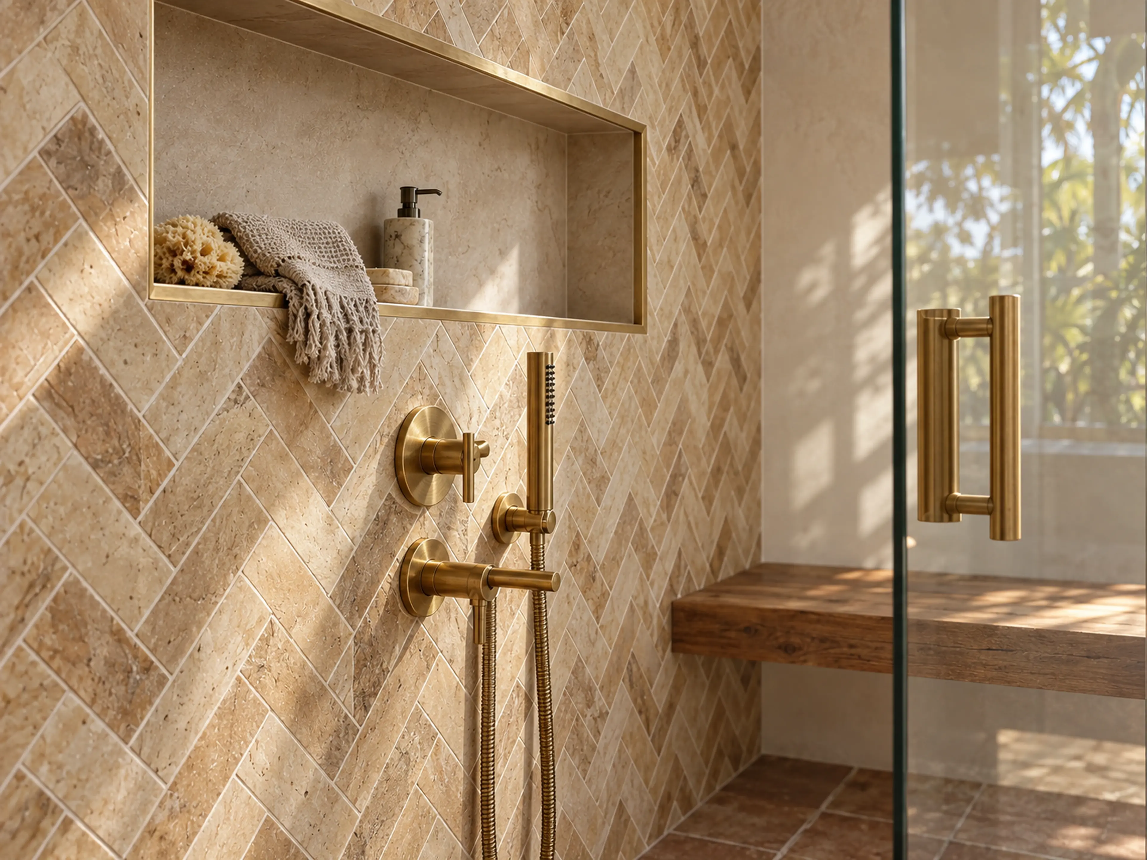 Supplemental Weston Master Bathroom project study of herringbone shower tile, aged-brass controls, niche and frameless glass.