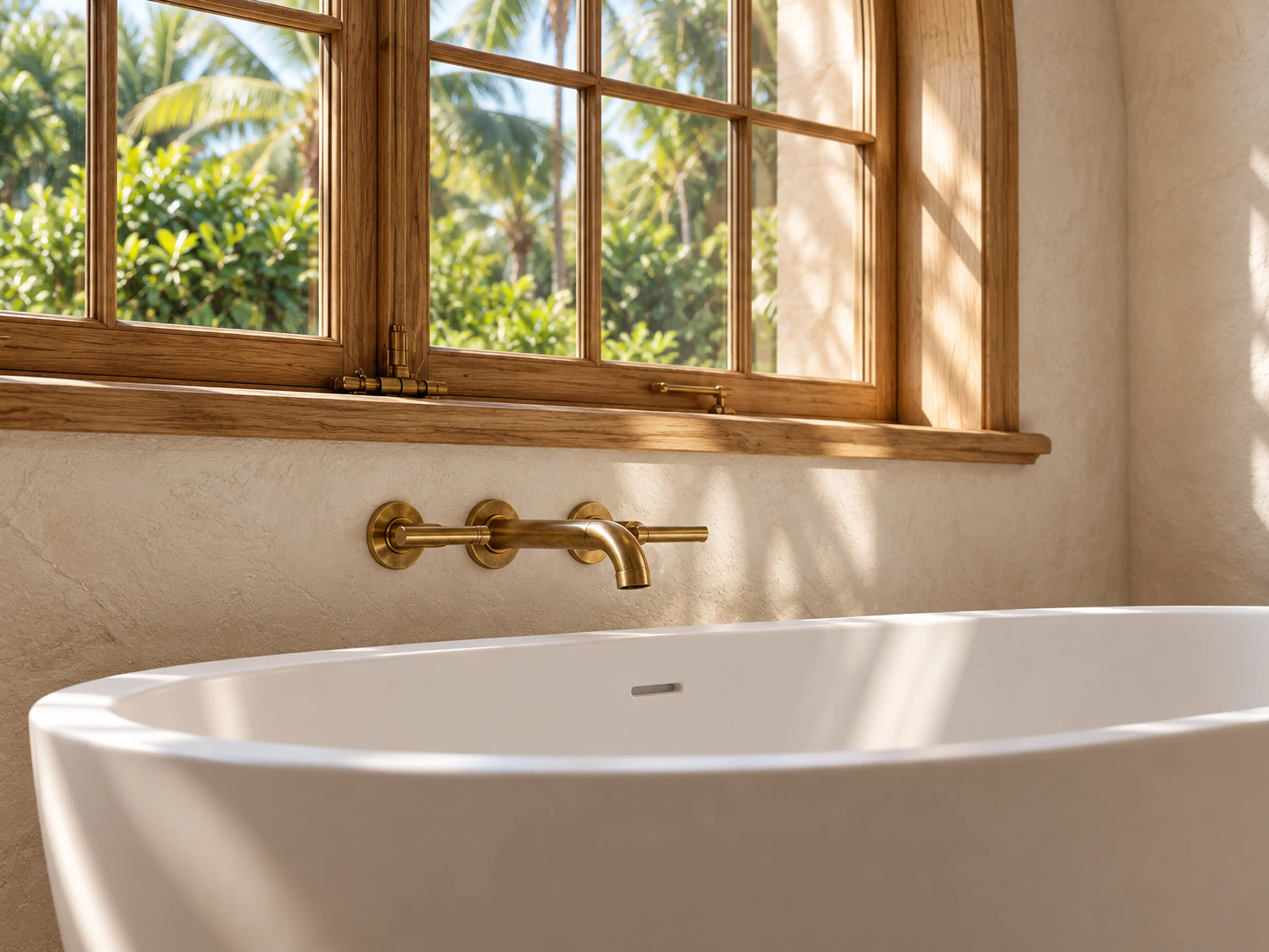 Supplemental Weston Master Bathroom project study of the freestanding tub, aged-brass filler and arched oak window.