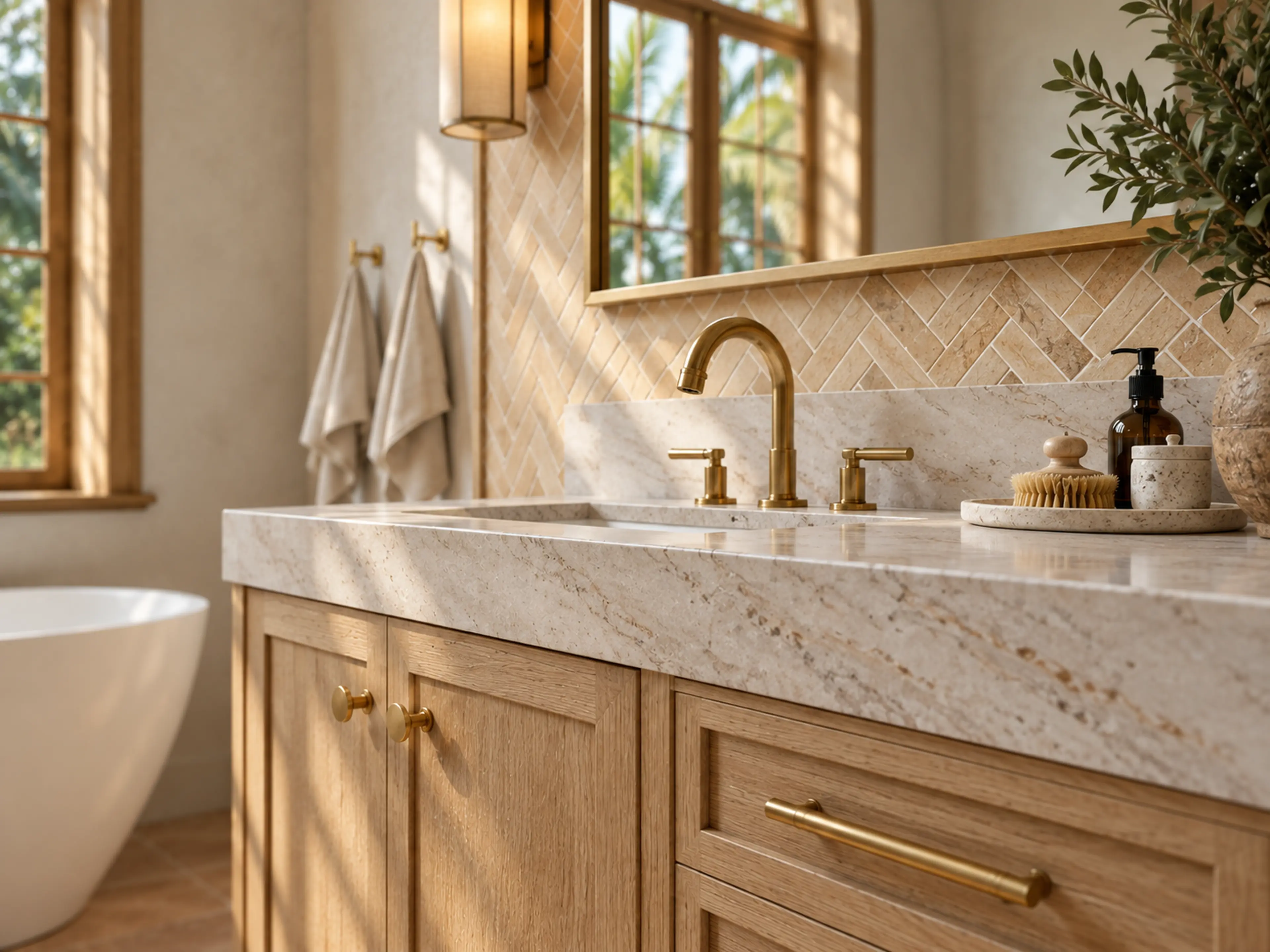 Supplemental Weston Master Bathroom project study of oak vanity joinery, veined stone and aged-brass faucet.