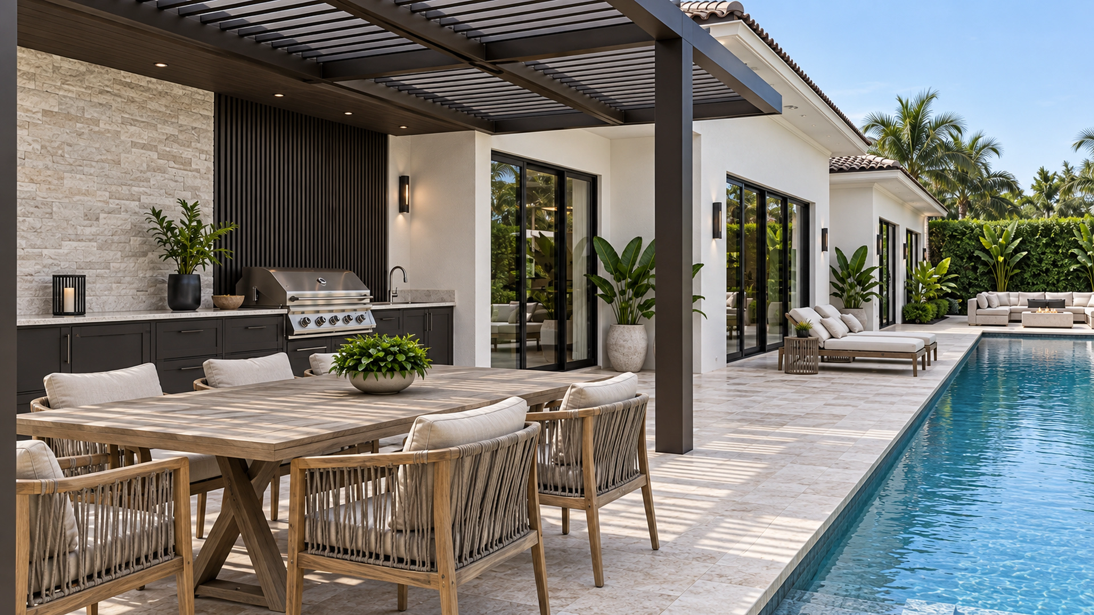 Poolside Living — outdoor cooking and gathering; design-concept visualization.