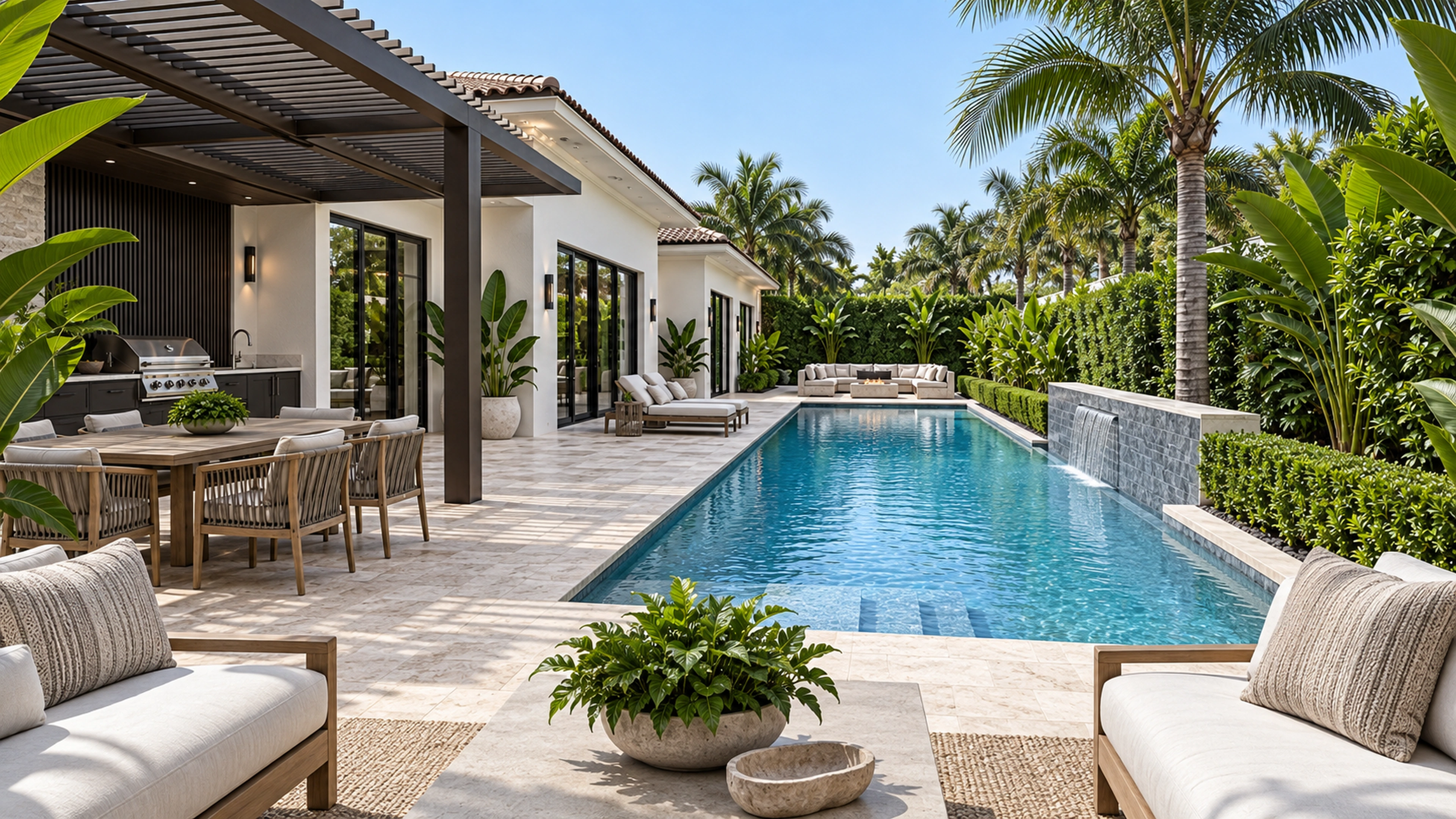 Poolside Living — across the terrace; design-concept visualization.