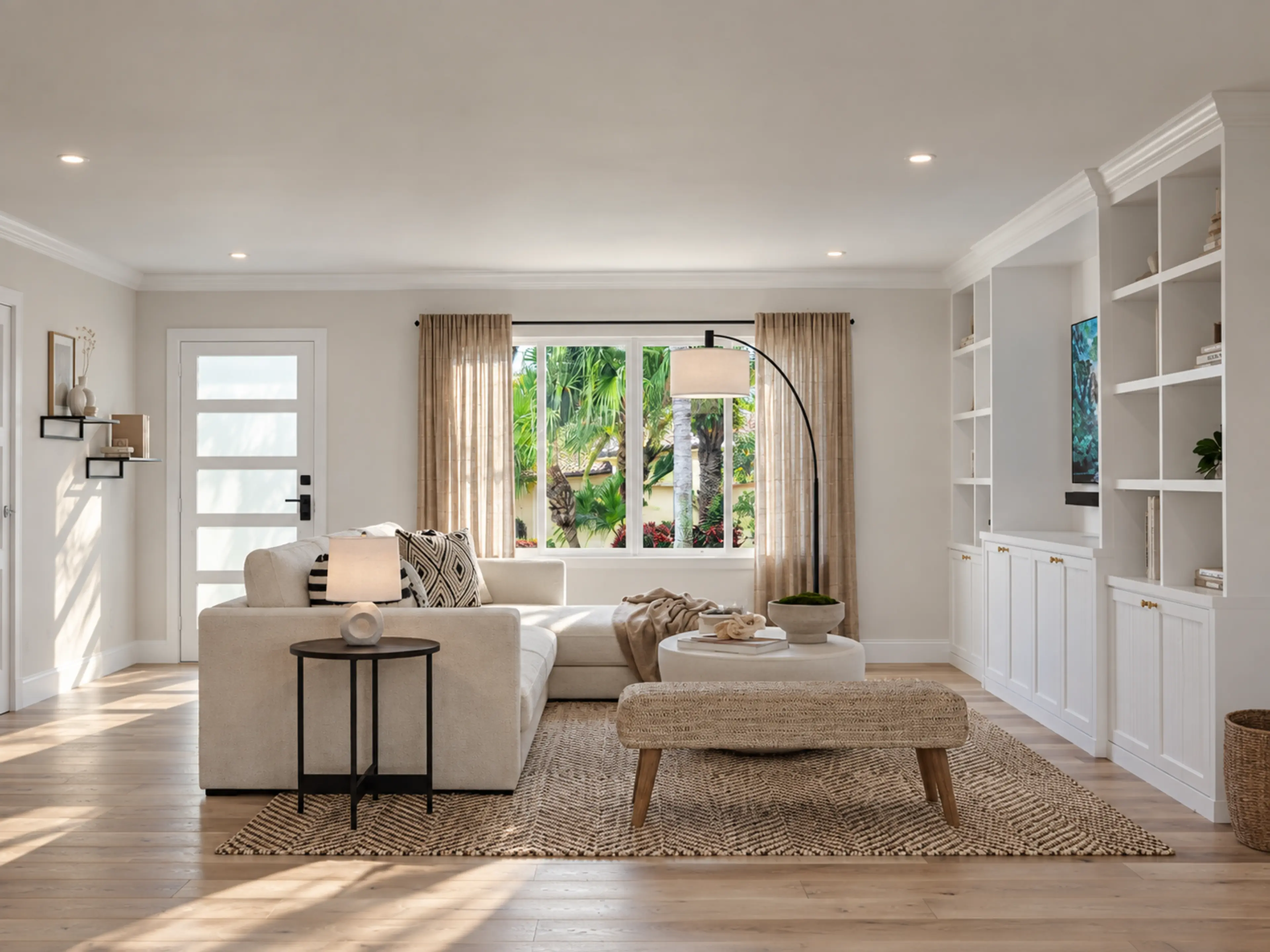 Photographic living room with white built-ins and palm-framed windows.