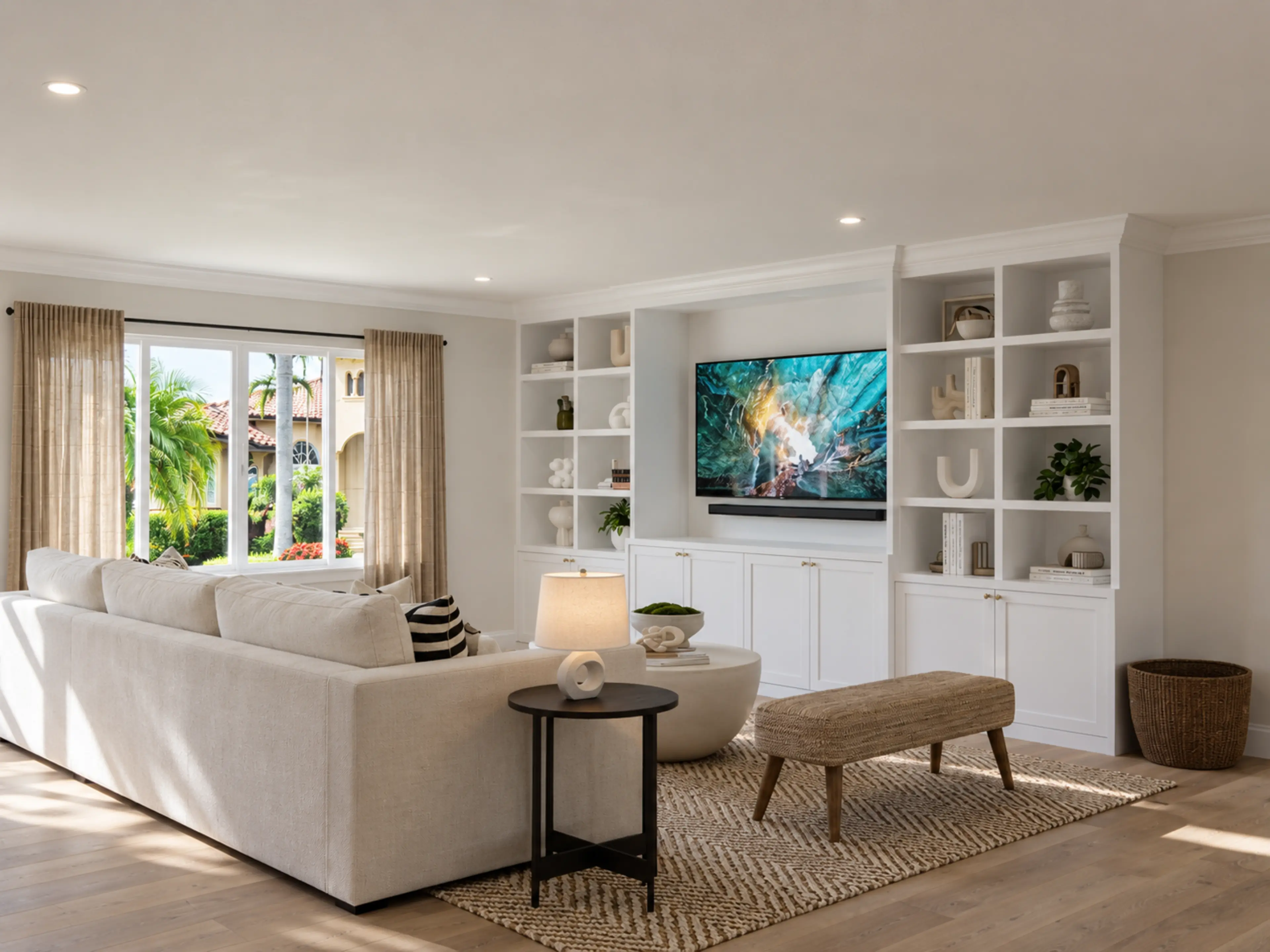 Photographic media wall and sectional living area with a tropical outlook.