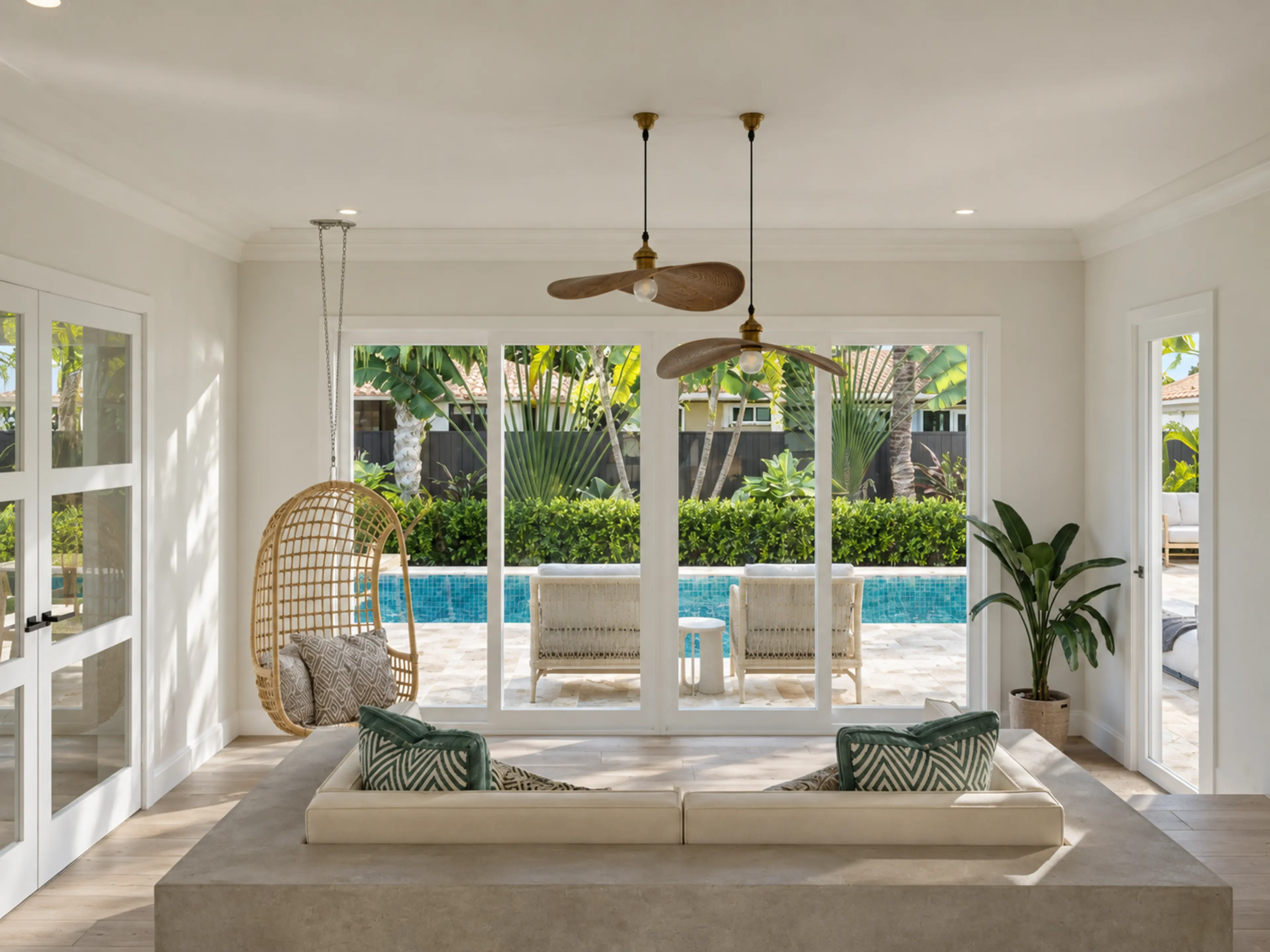 Photographic sunken lounge opening to the pool through sliding glass doors.