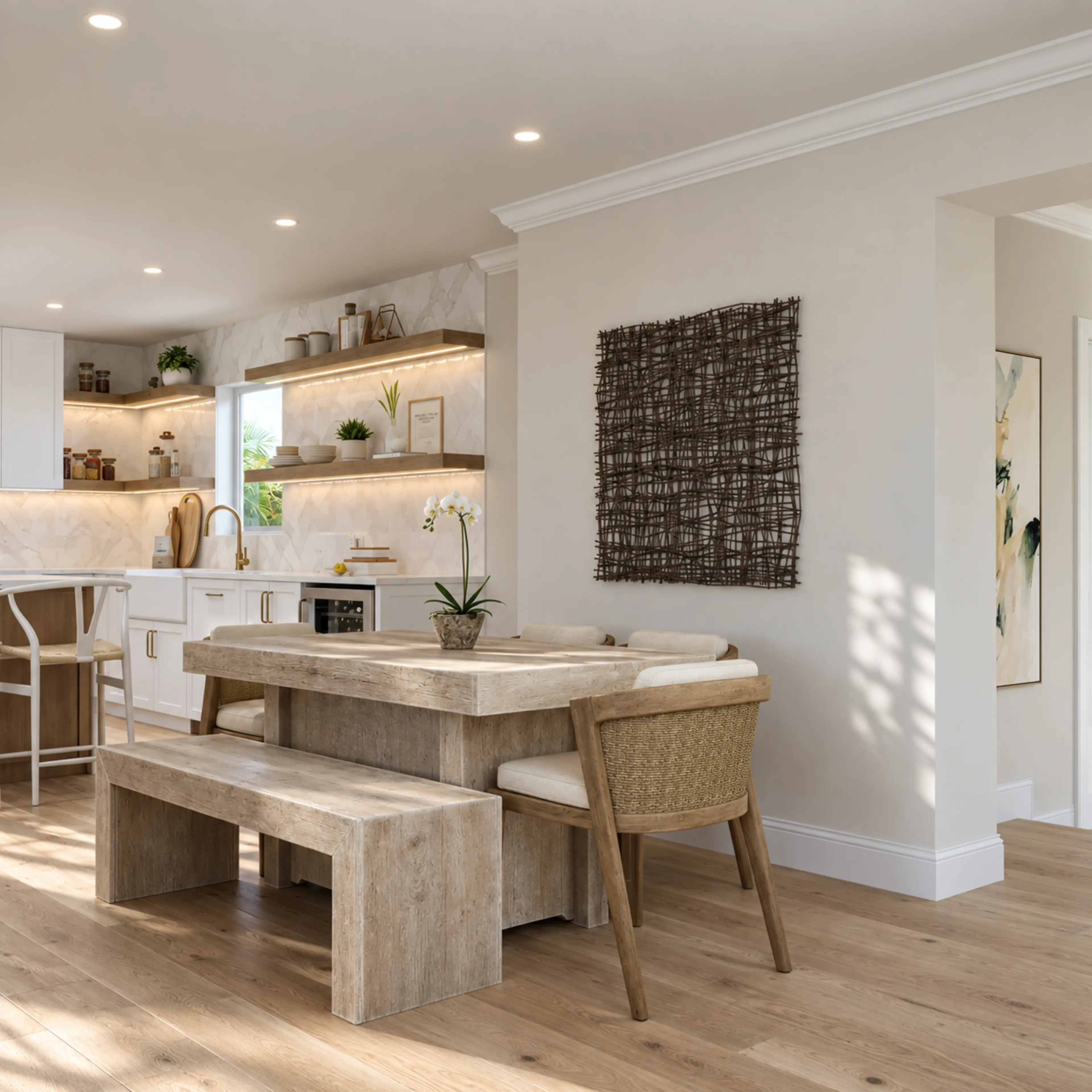 Photographic oak dining nook beside the open kitchen.