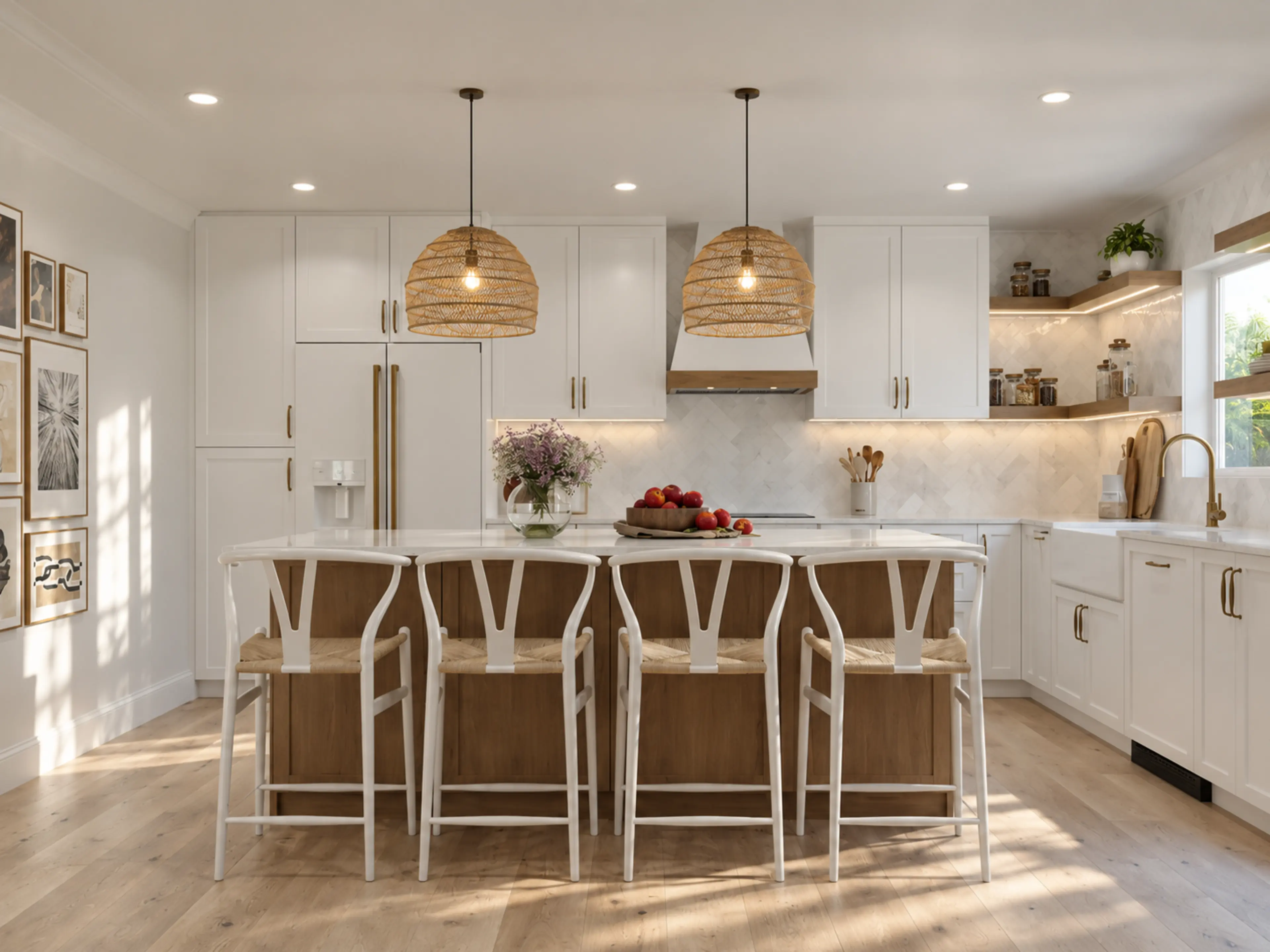Photographic white-and-oak kitchen with woven pendants and a large island.
