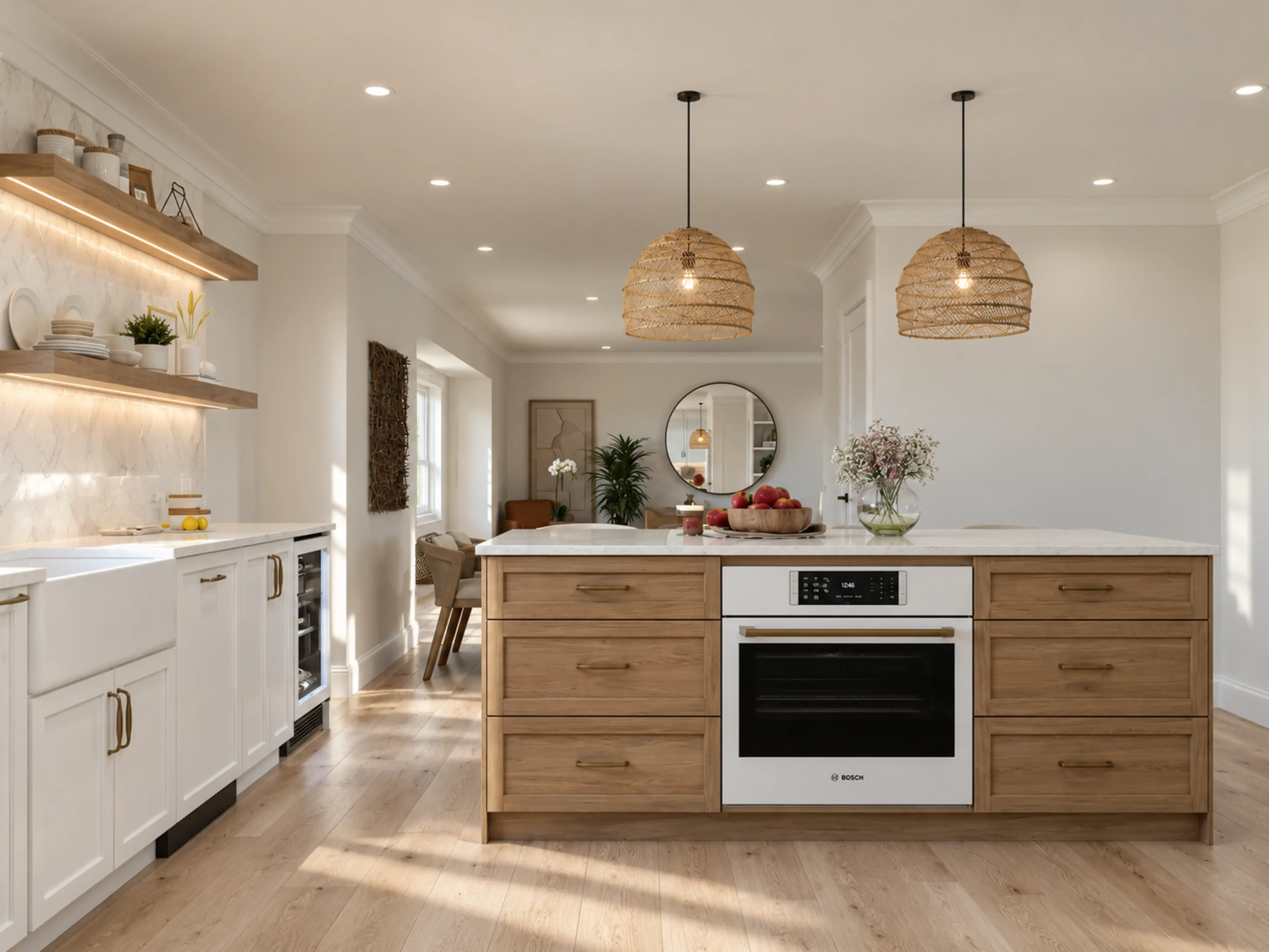 Photographic reverse kitchen view centered on the wood island.