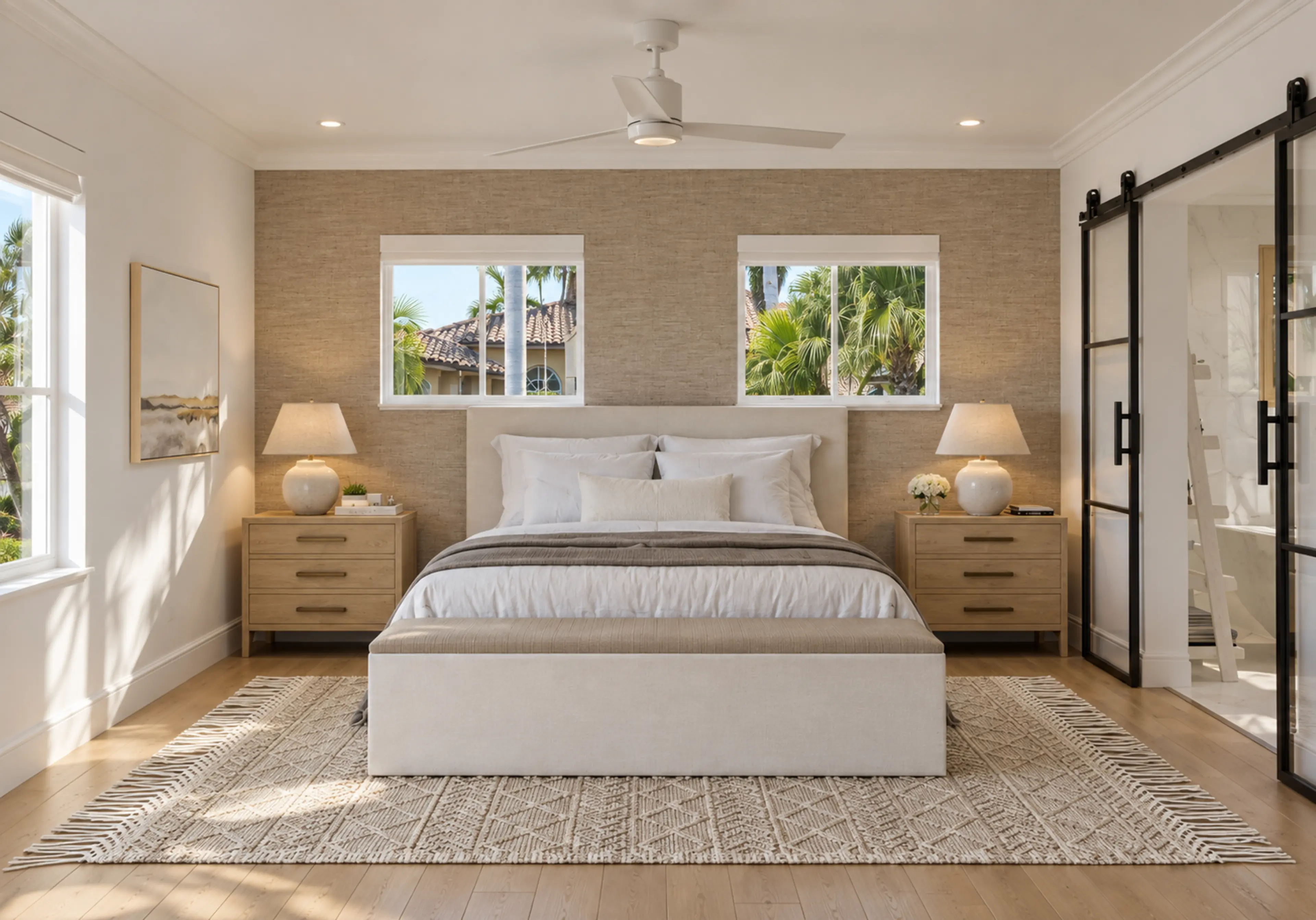 Photographic primary bedroom with woven wallcovering and black-framed bath doors.