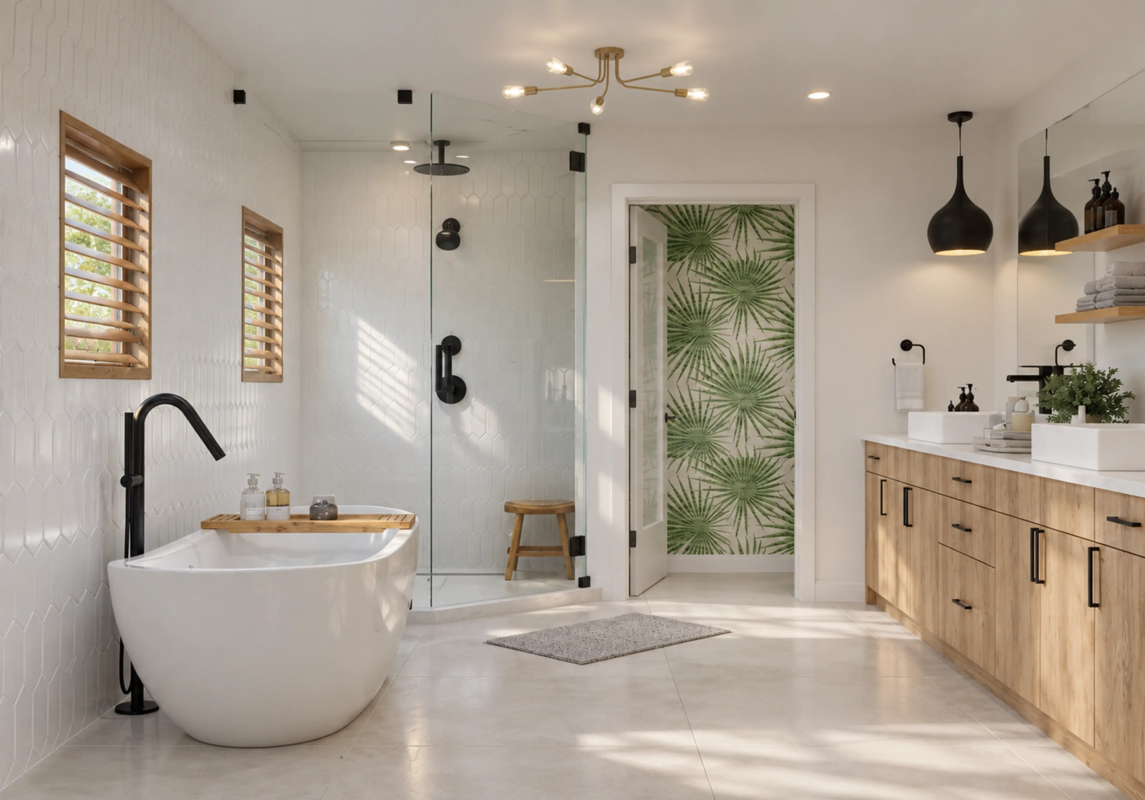 Photographic primary bathroom with a freestanding tub, glass shower, and wood vanity.