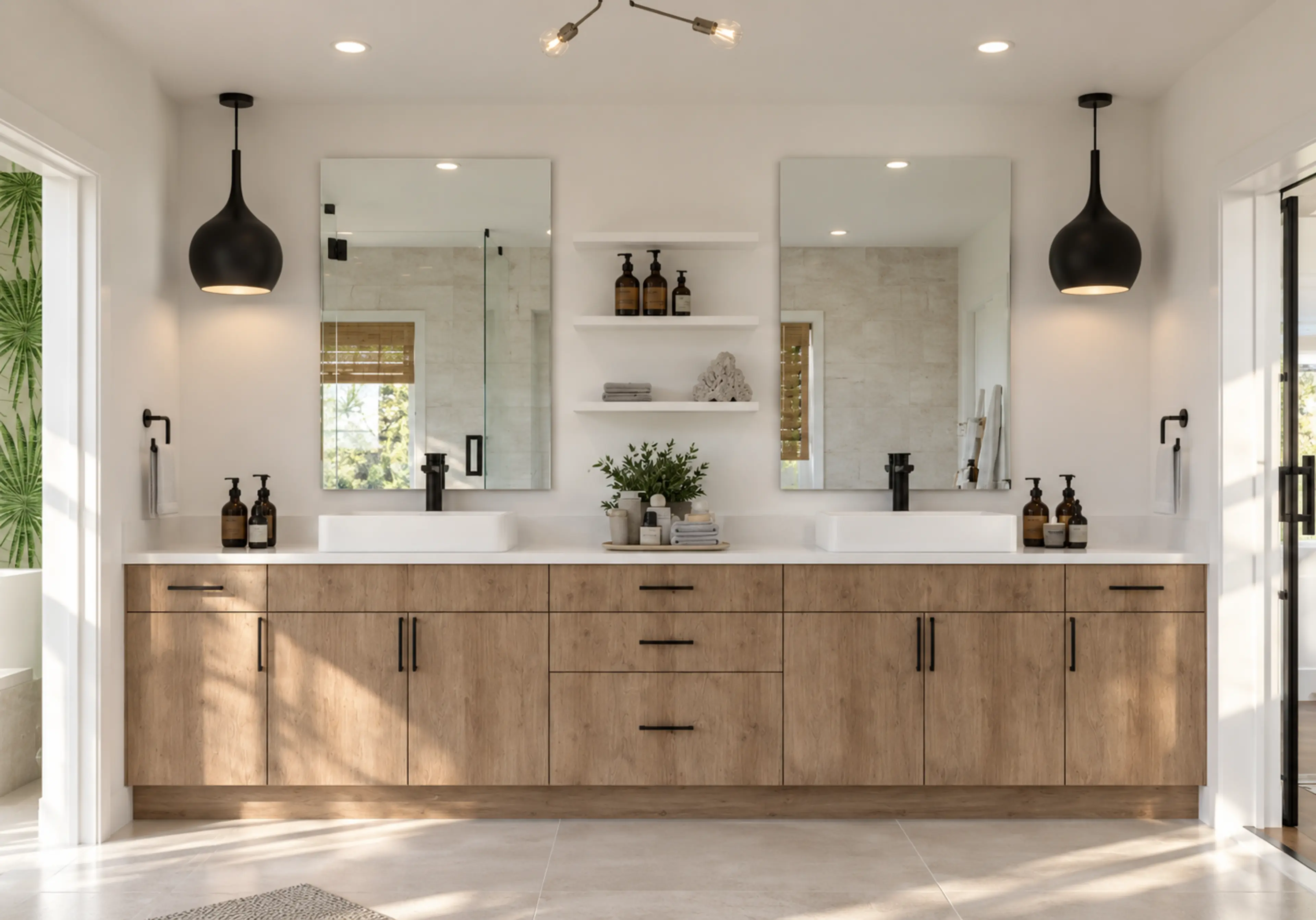 Photographic double wood vanity with black pendants and vessel sinks.