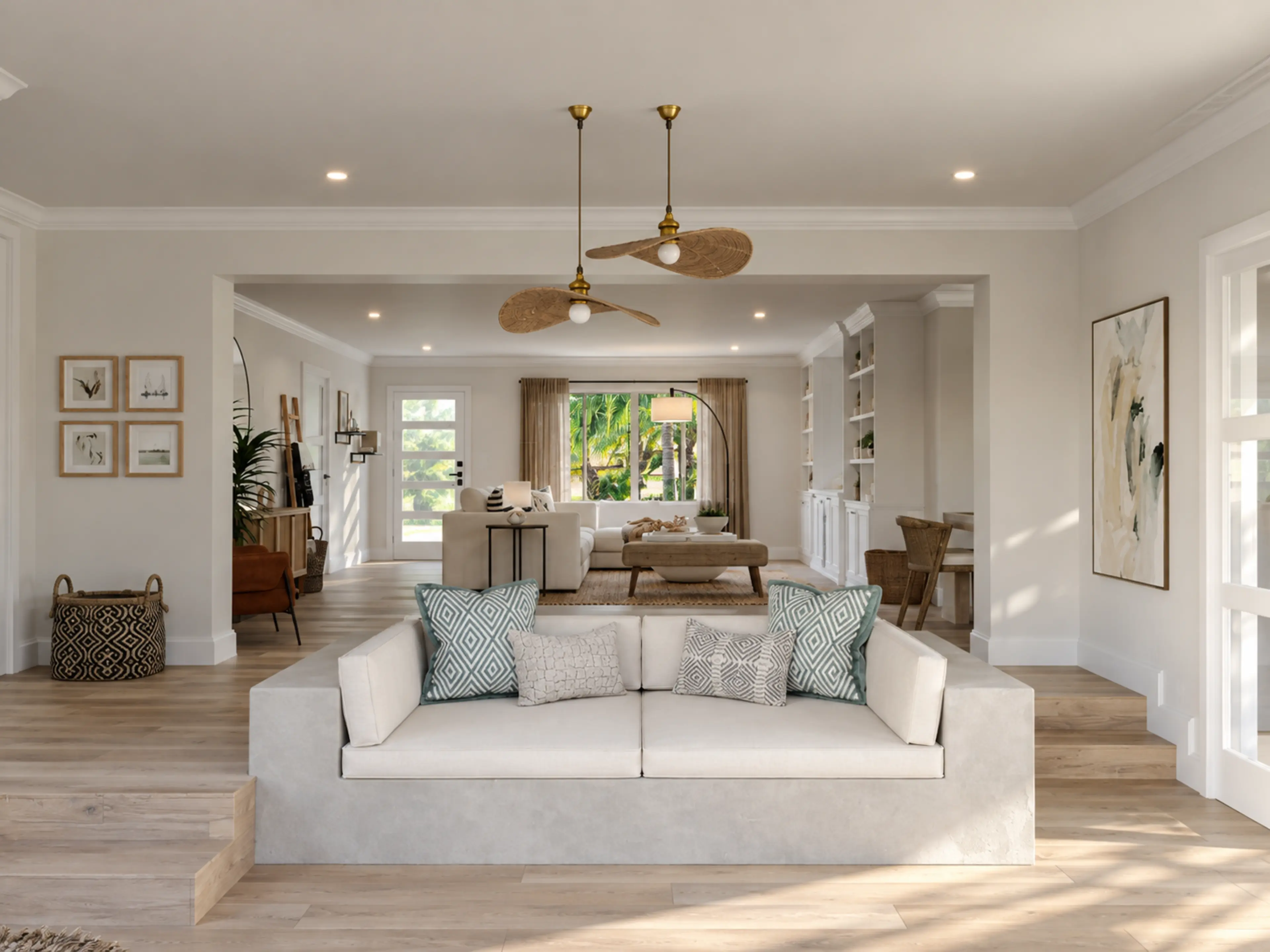 Photographic sunken conversation lounge opening toward the main living room.