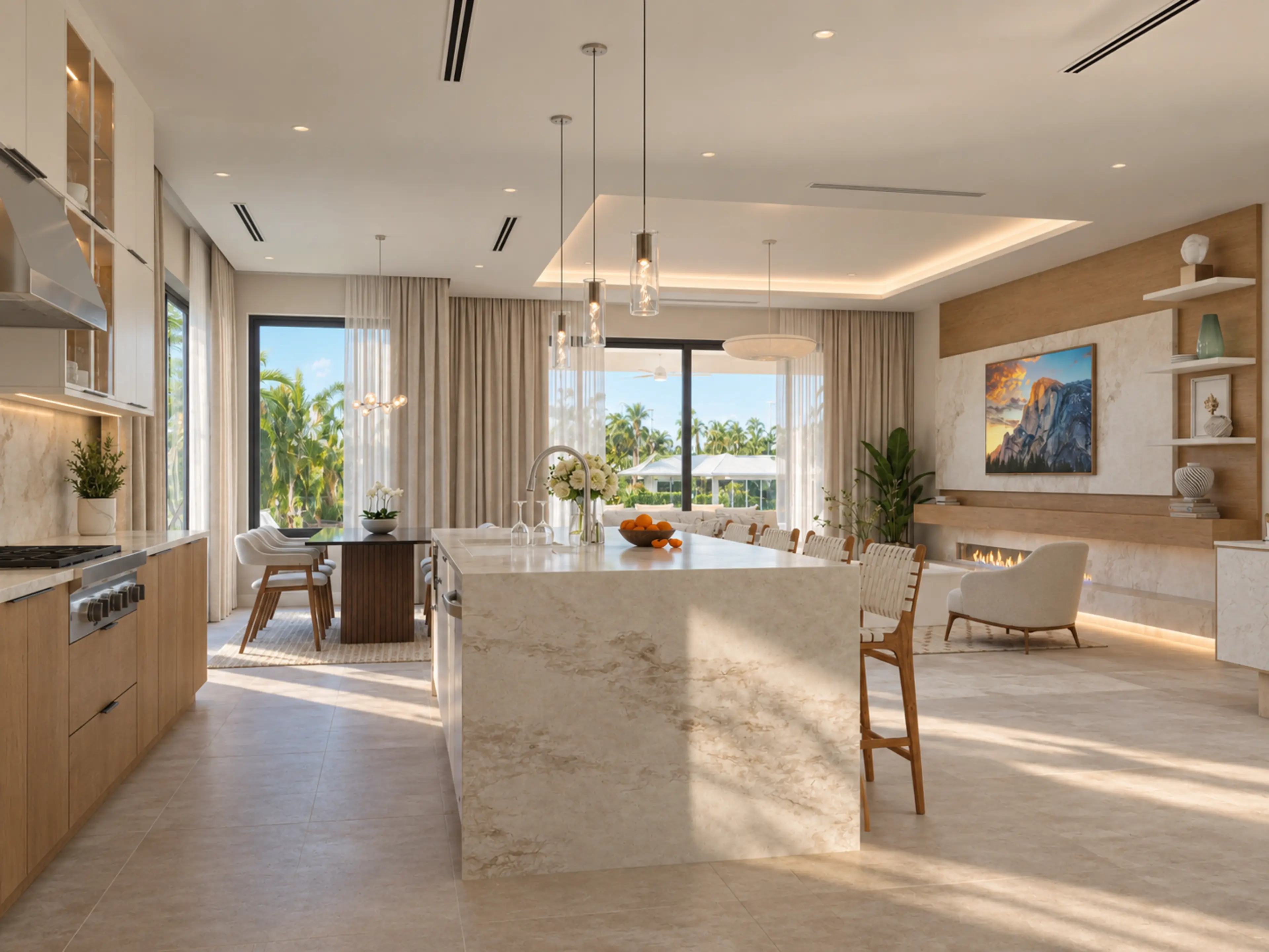 Kitchen island with pendant lights and integrated storage.