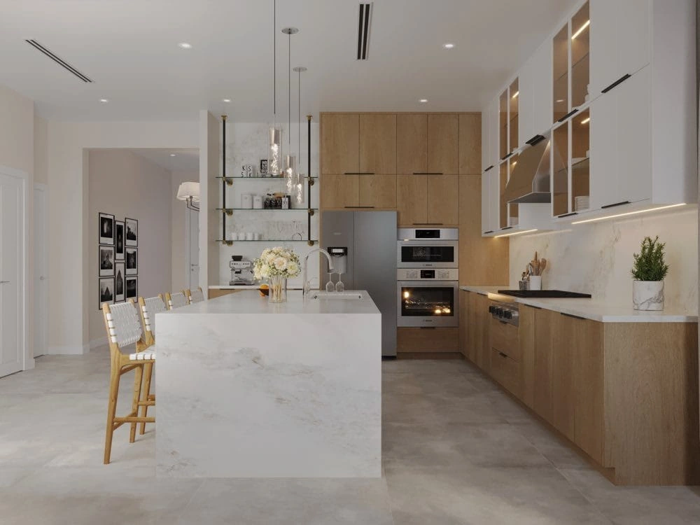 Project rendering: kitchen island beside wood cabinetry and integrated appliances.
