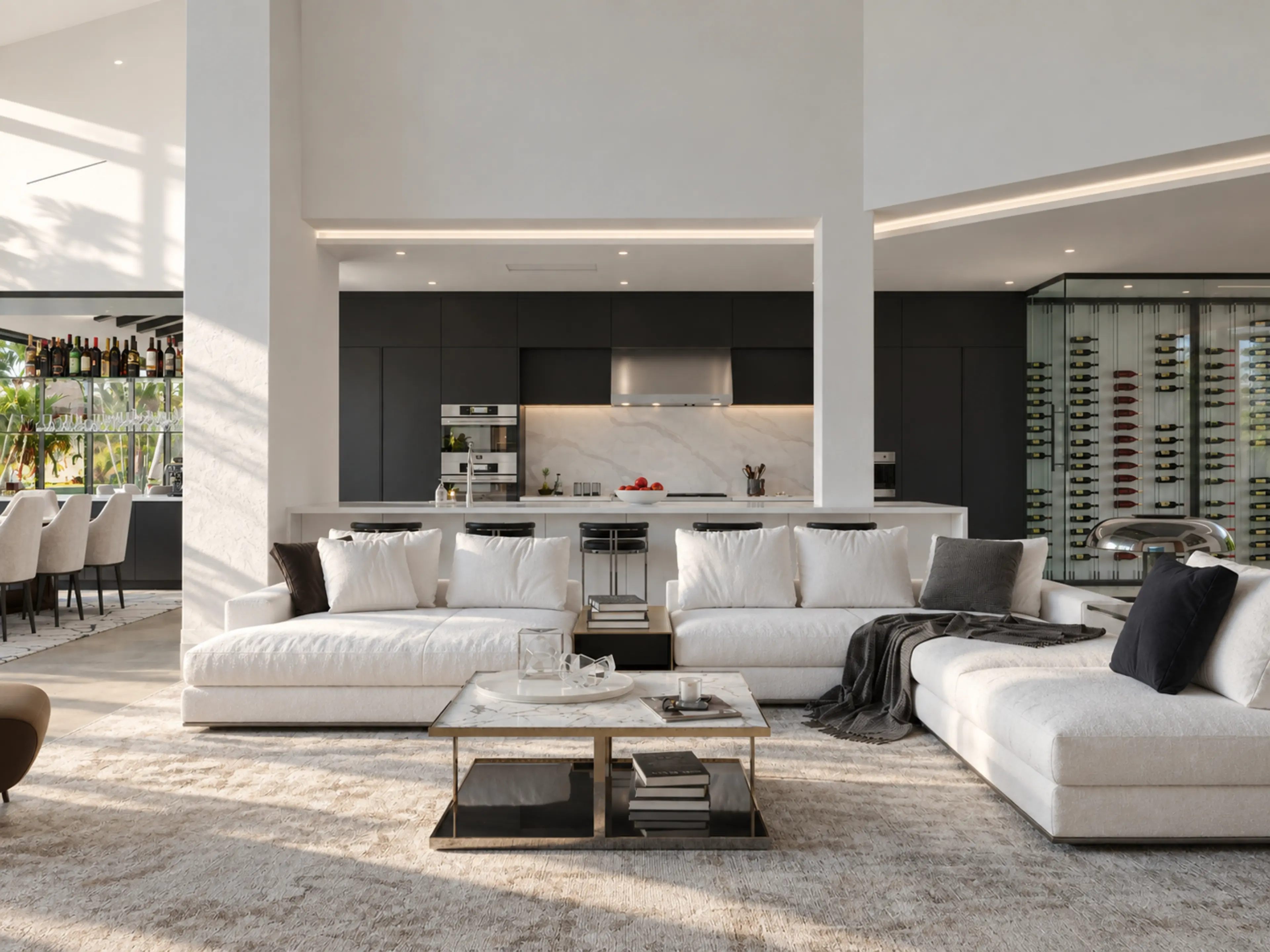 Living area with a sectional sofa facing the open kitchen.