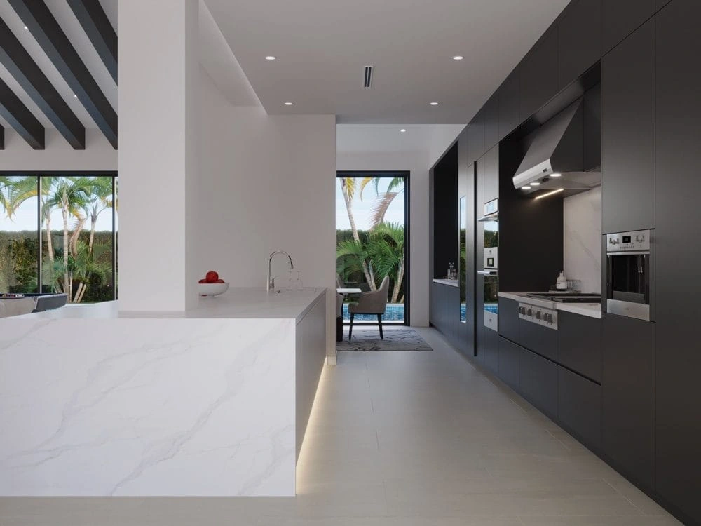 Project rendering: white kitchen island opposite dark cabinetry and integrated appliances.
