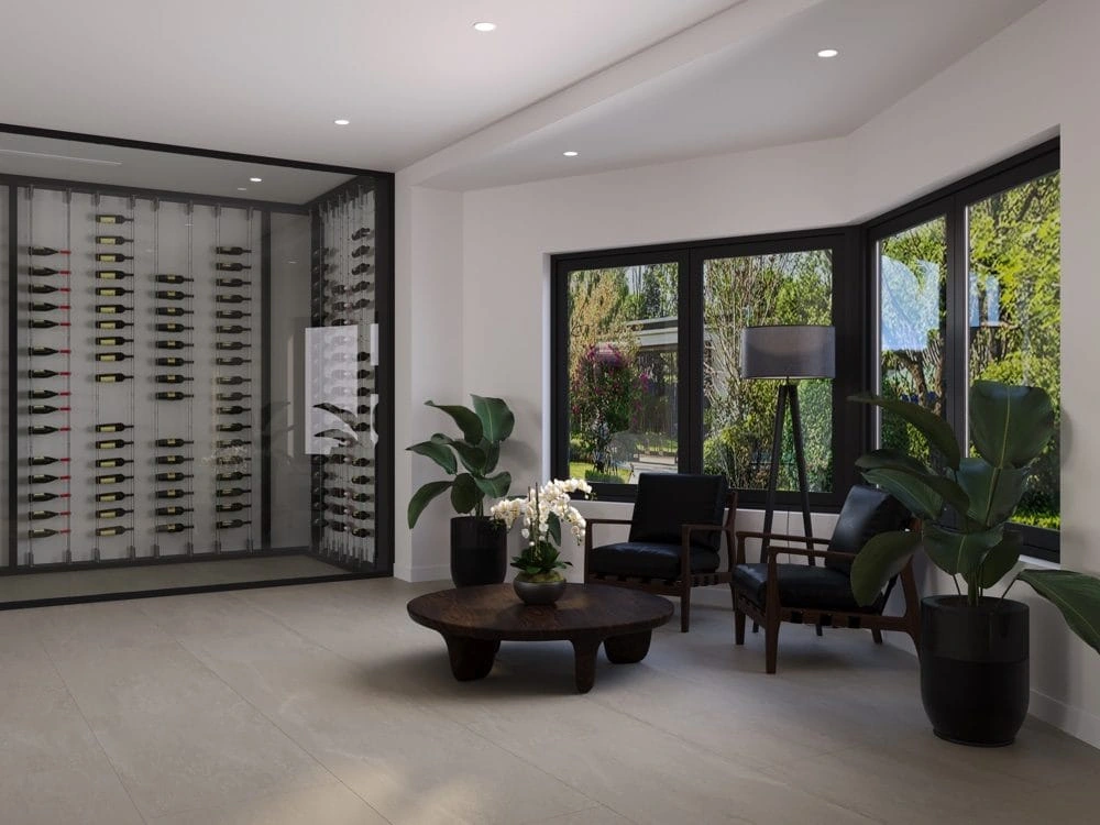 Project rendering: window-side seating beside the glass-enclosed wine display.