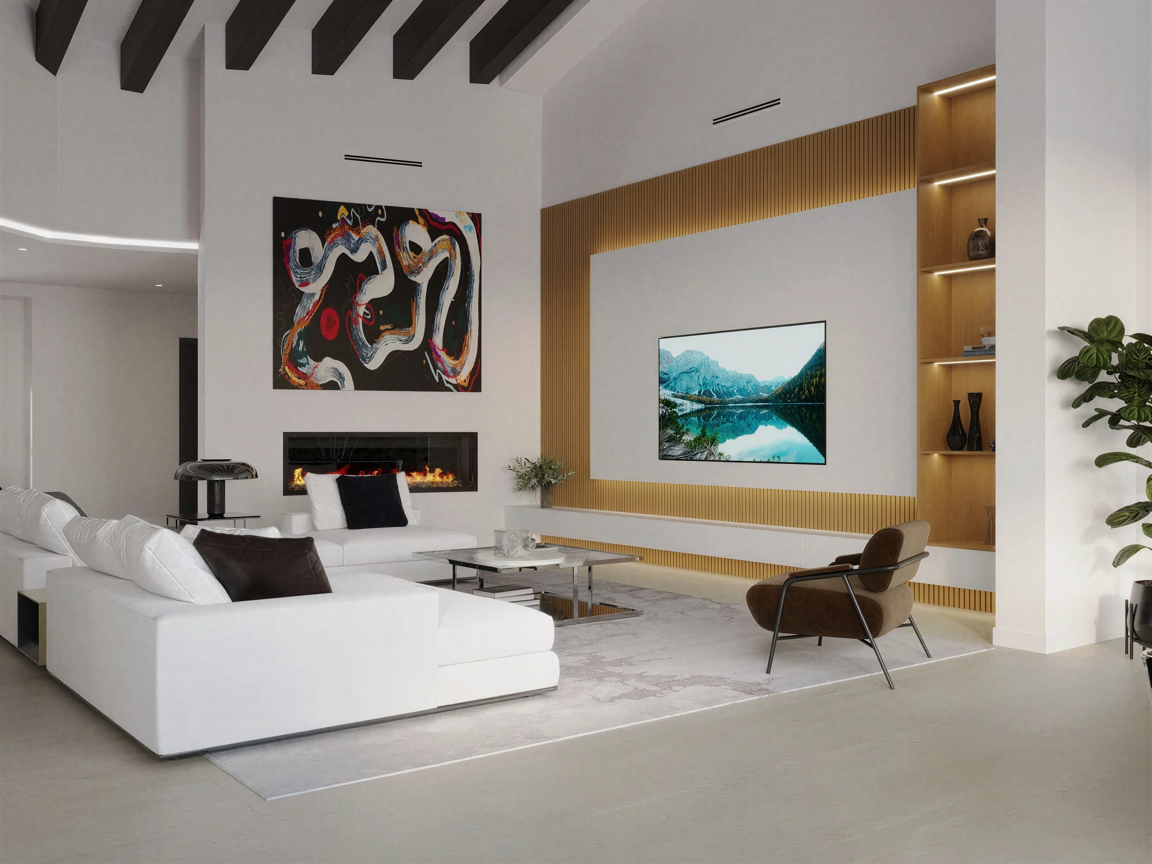 Living room with a tall ceiling, exposed beams and a fireplace.
